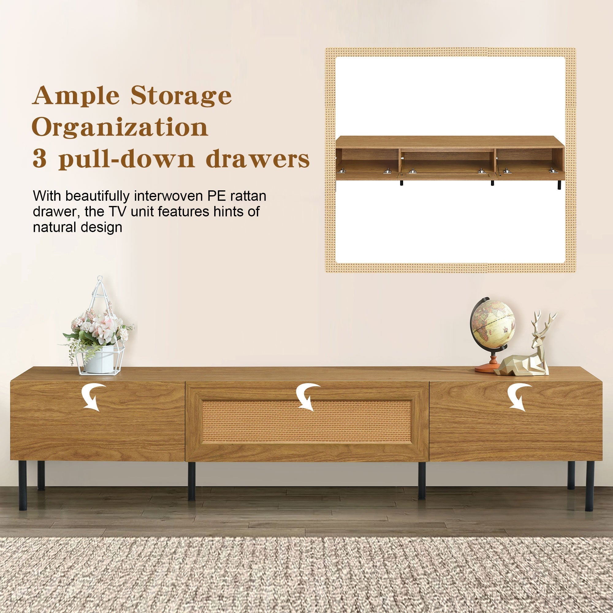 Boho TV Stand for TVs Up to 80" with Rattan Decoration and Metal Legs