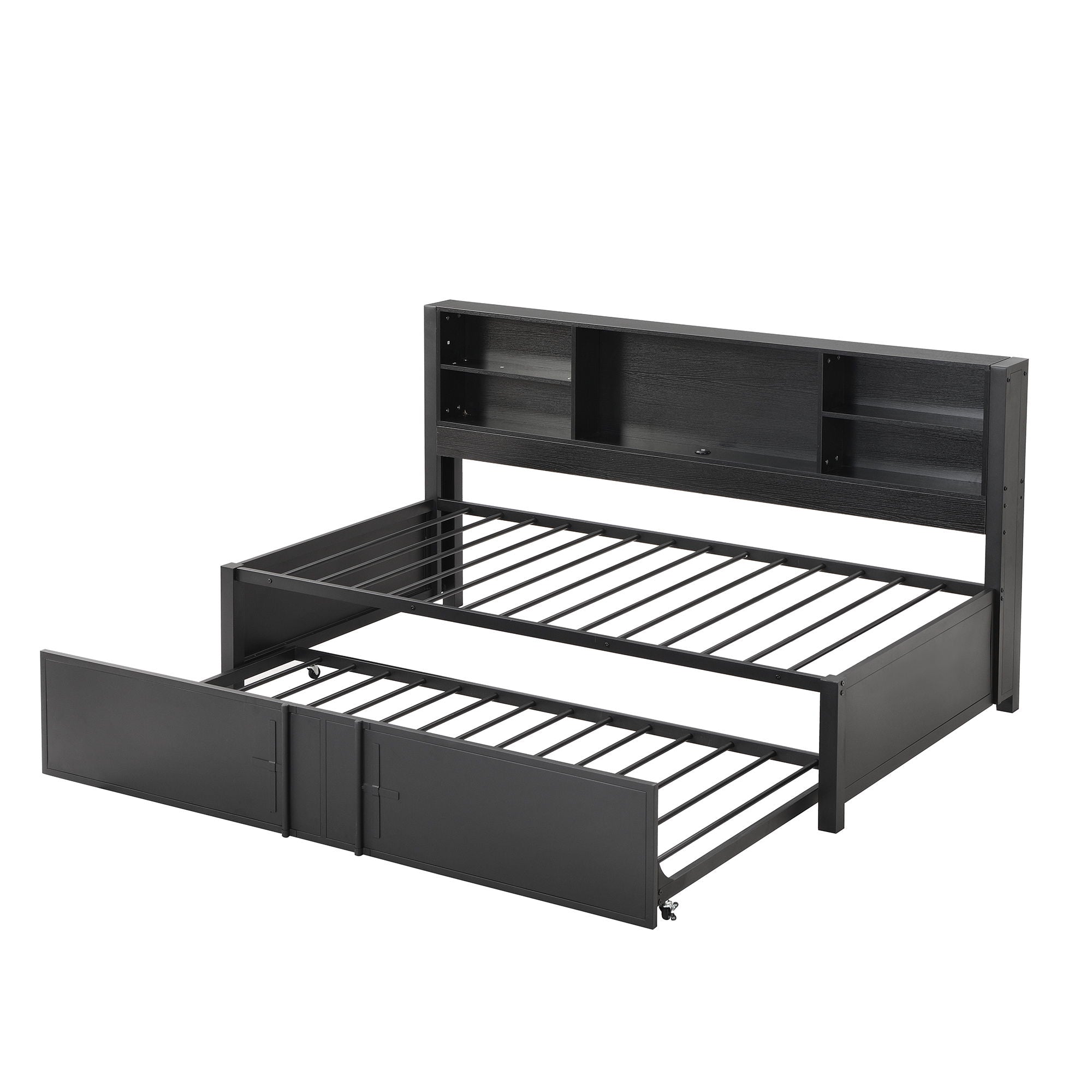 Industrial Metal Daybed With Trundle, Storage Shelves, USB Ports
