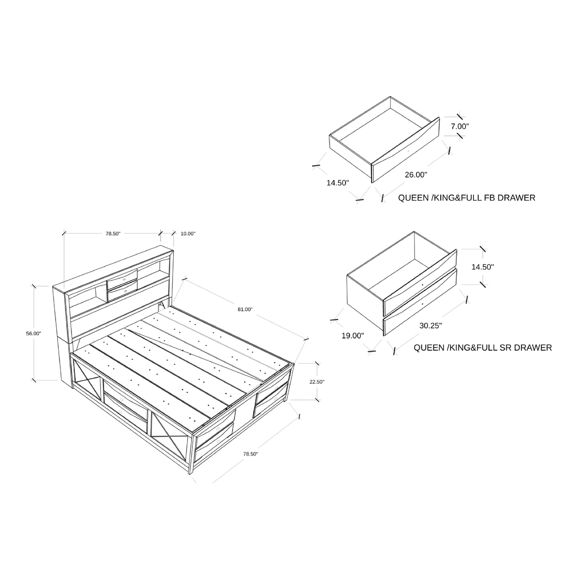 Lucille - 5 Piece Bedroom Set With Storage Drawers And Bookcase Headboard