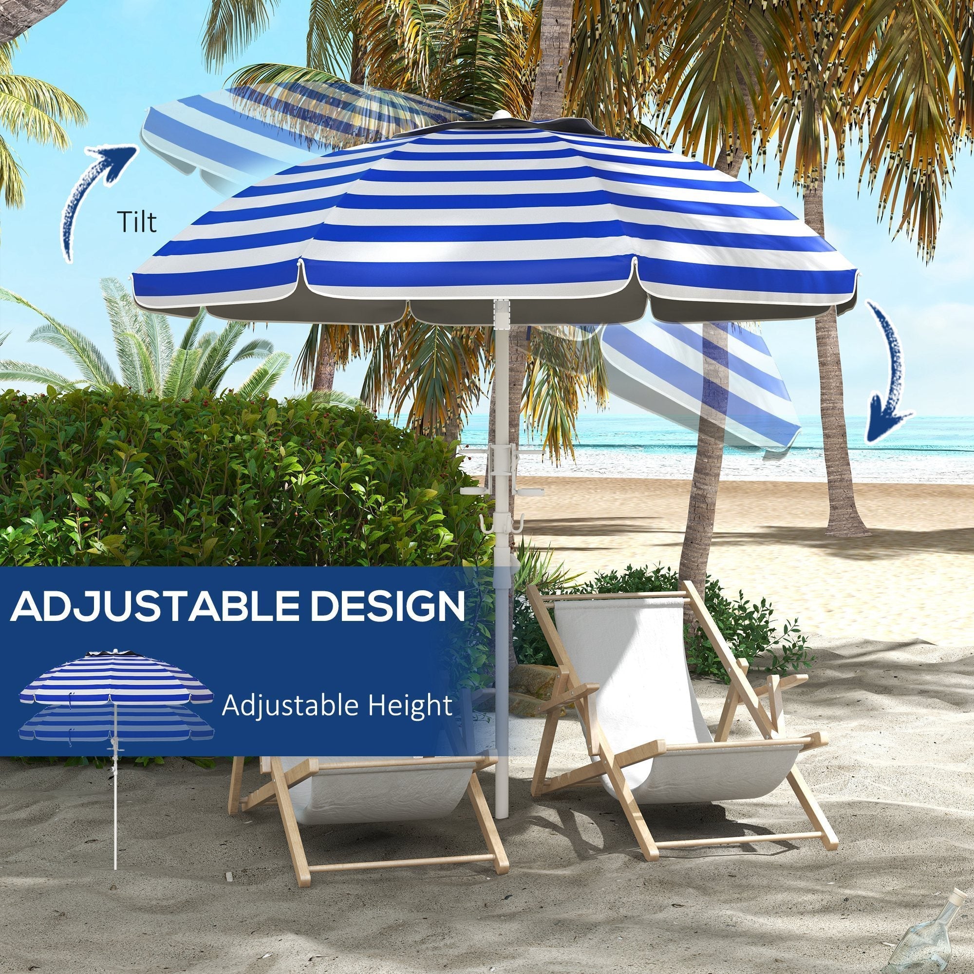 5.7' portable beach umbrella with tilt, adjustable height, 2 cup holders & hooks, uv 40+ with vented canopy, blue white stripe