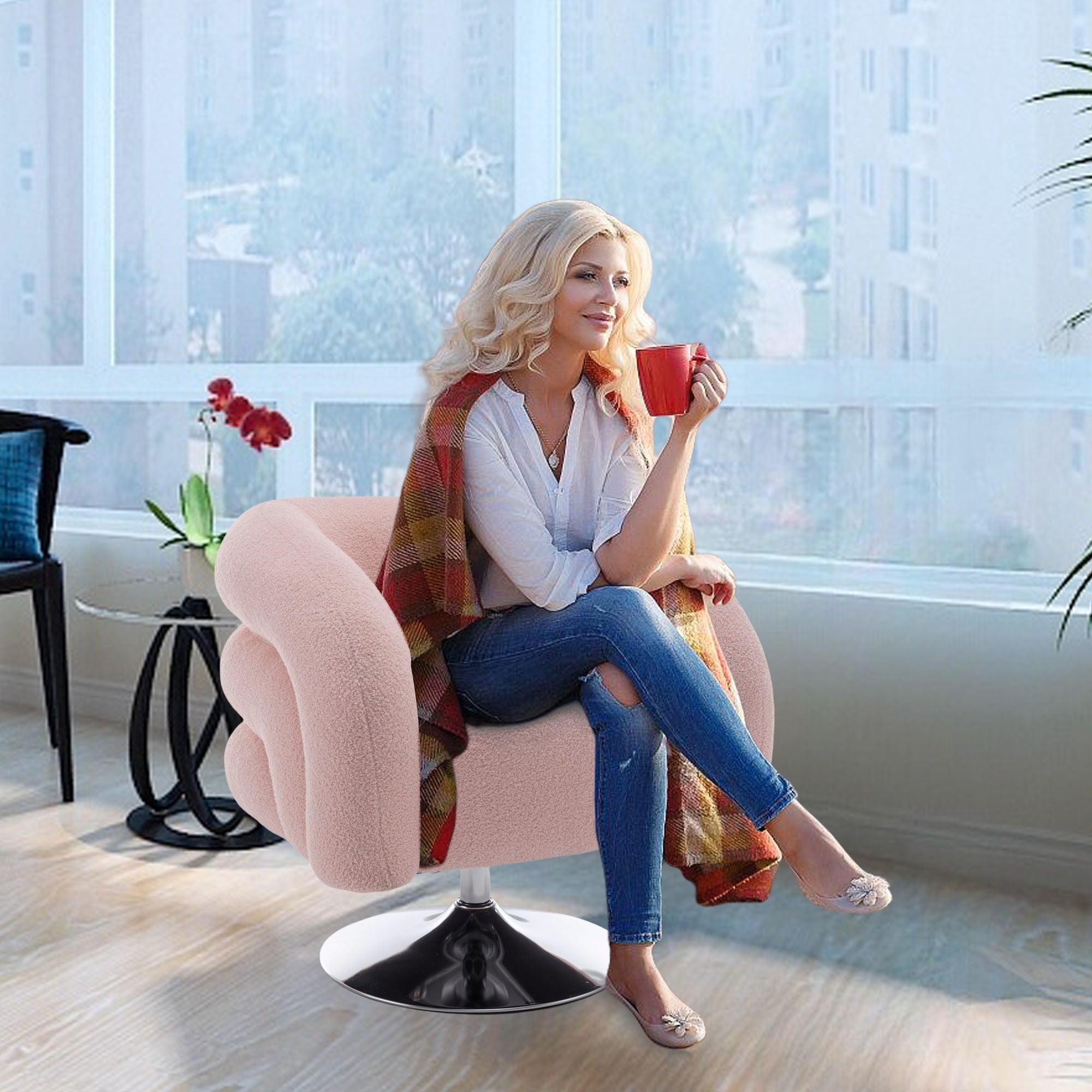 Modern Style Single Swivel Sofa Chair, Teddy Upholstered Single Sofa With Round And Fluffy Reading Chair, Suitable For Living Room