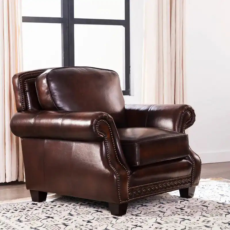 Traditional Roll Arm Nailhead Leather Chair - Brown - Best Buy Furniture