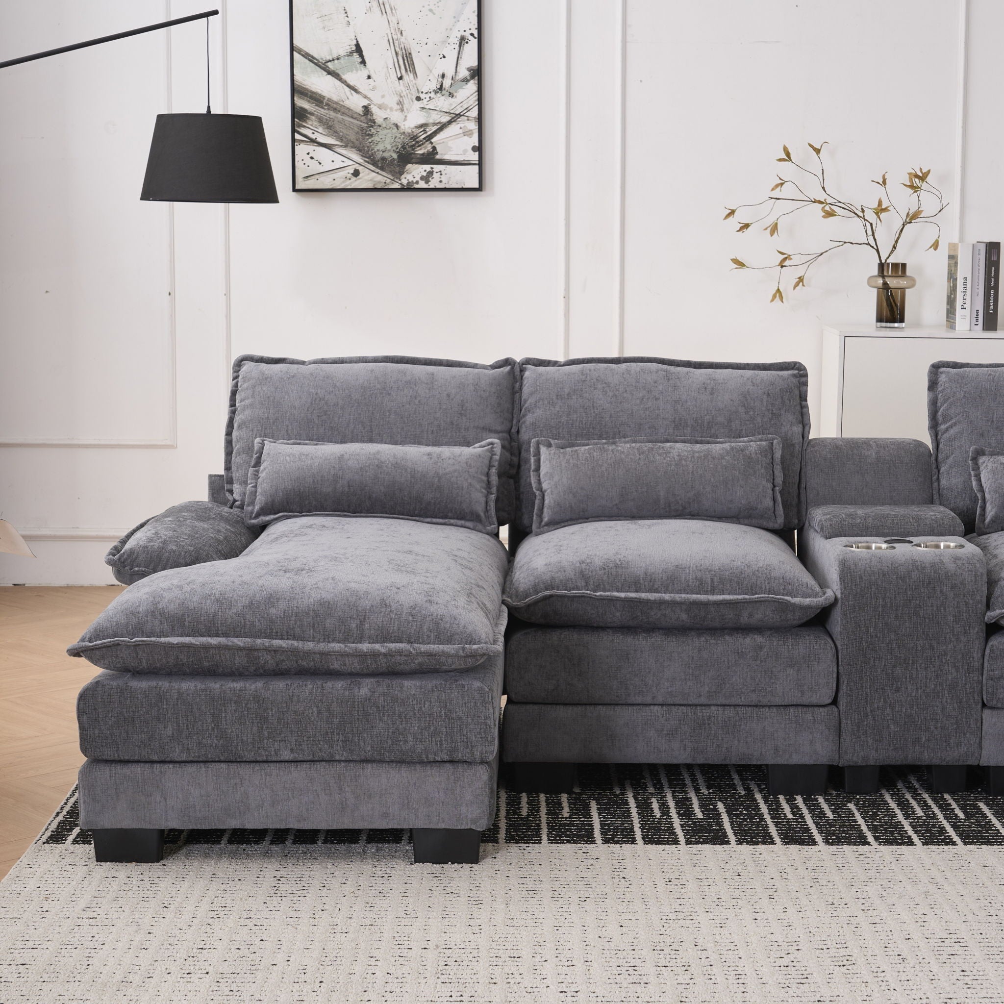 U Shaped Sofa With Console, Cupholders, USB Ports, 6 Seat, Bronzing Suede & Chenille