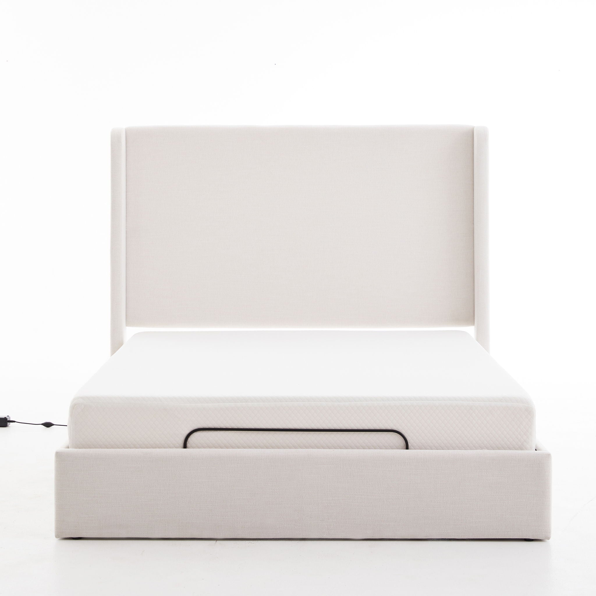 Caron - Queen Size Upholstered Wingback Bed With Adjustable Base Bundle Set - Ivory