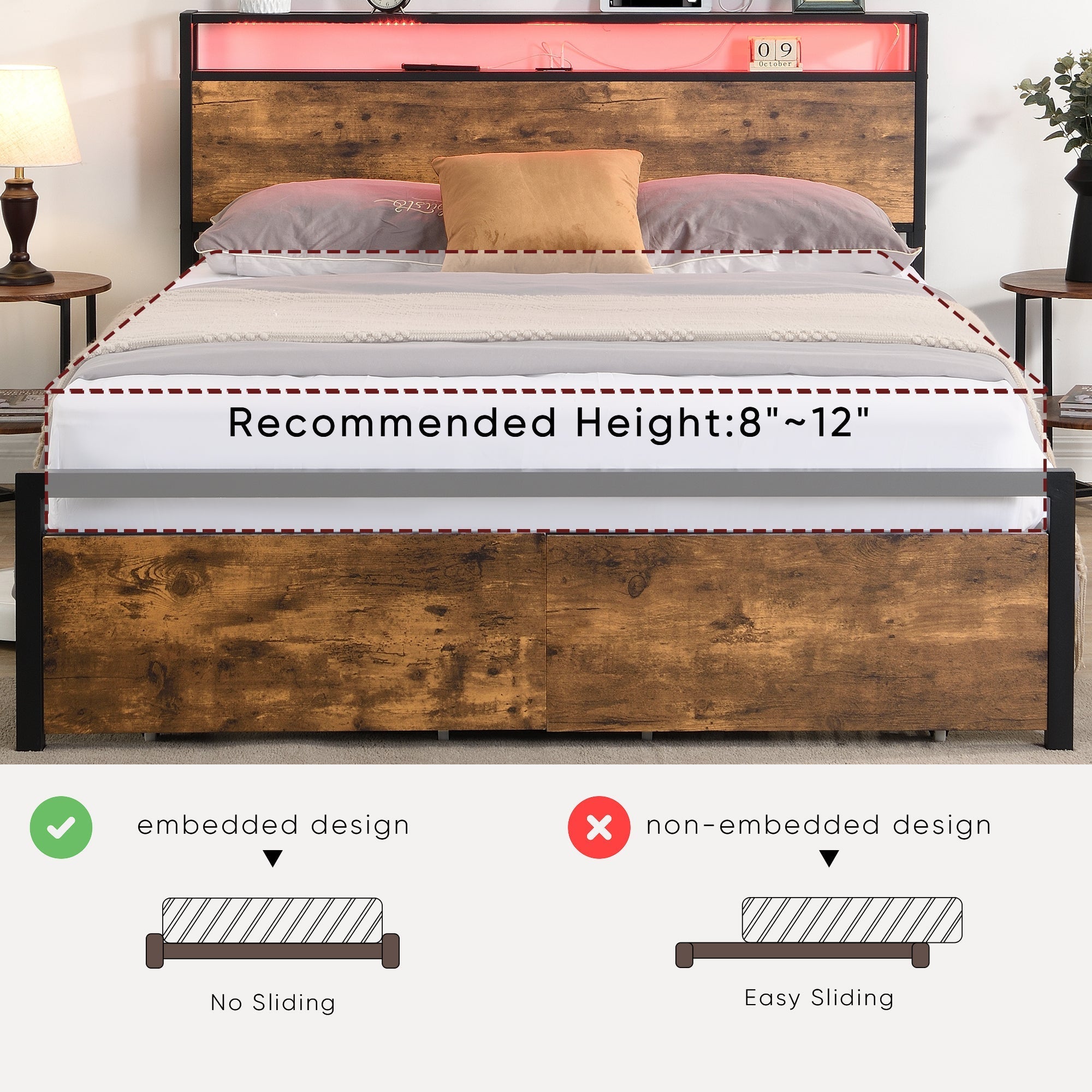 Bed frame with storage, led headboard, drawers & usb port