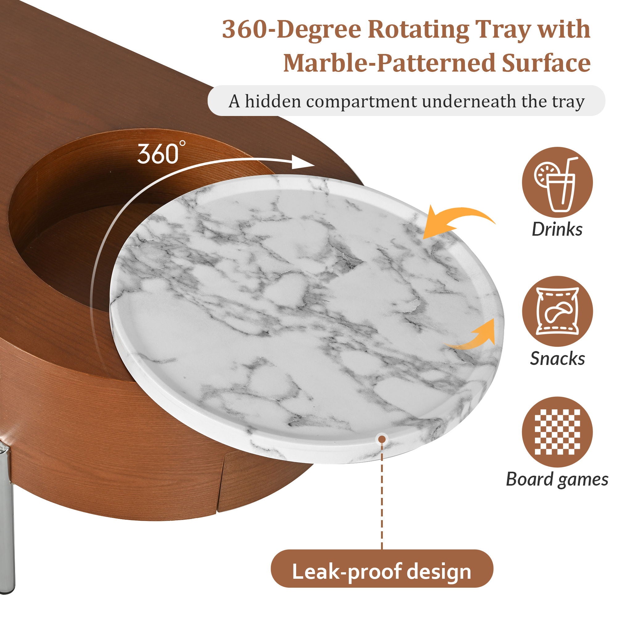 Lift Top Coffee Table With 360 Degree Marble Patterned Rotating Tray