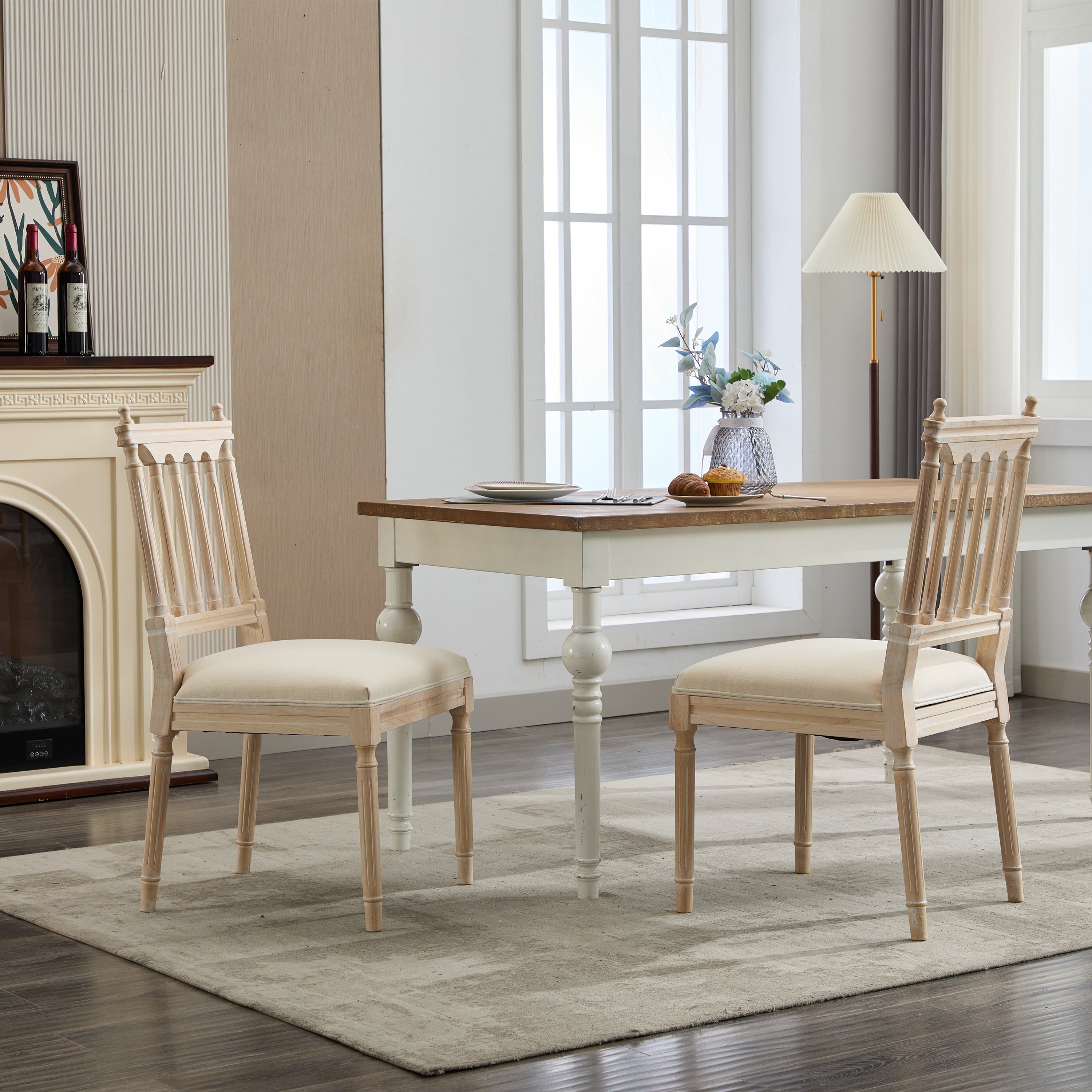 Antique Dining Chairs - Linen Fabric Upholstered Wooden Chairs Set of 2