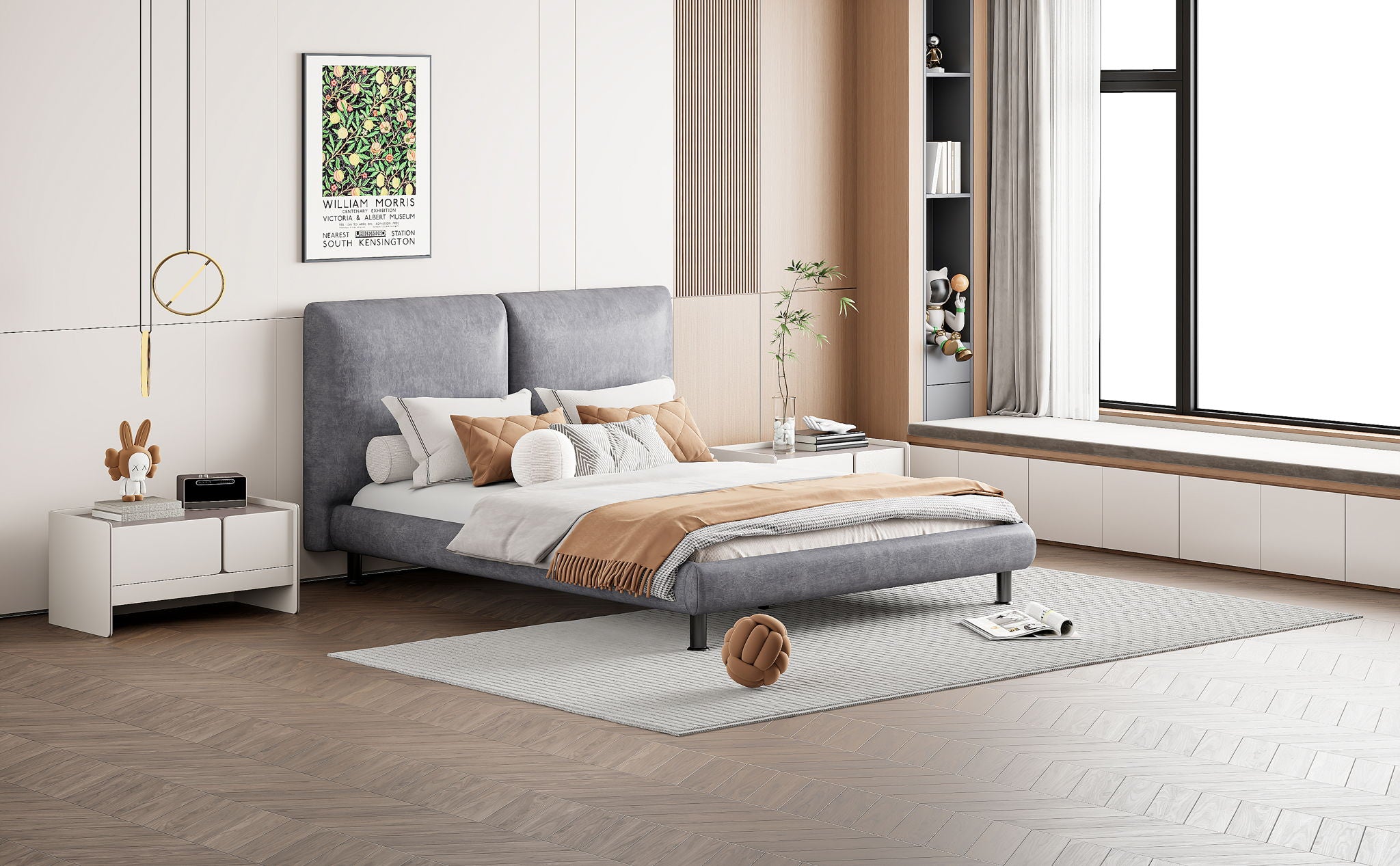 Upholstered Platform Bed With 2 Large Headrests And Thick