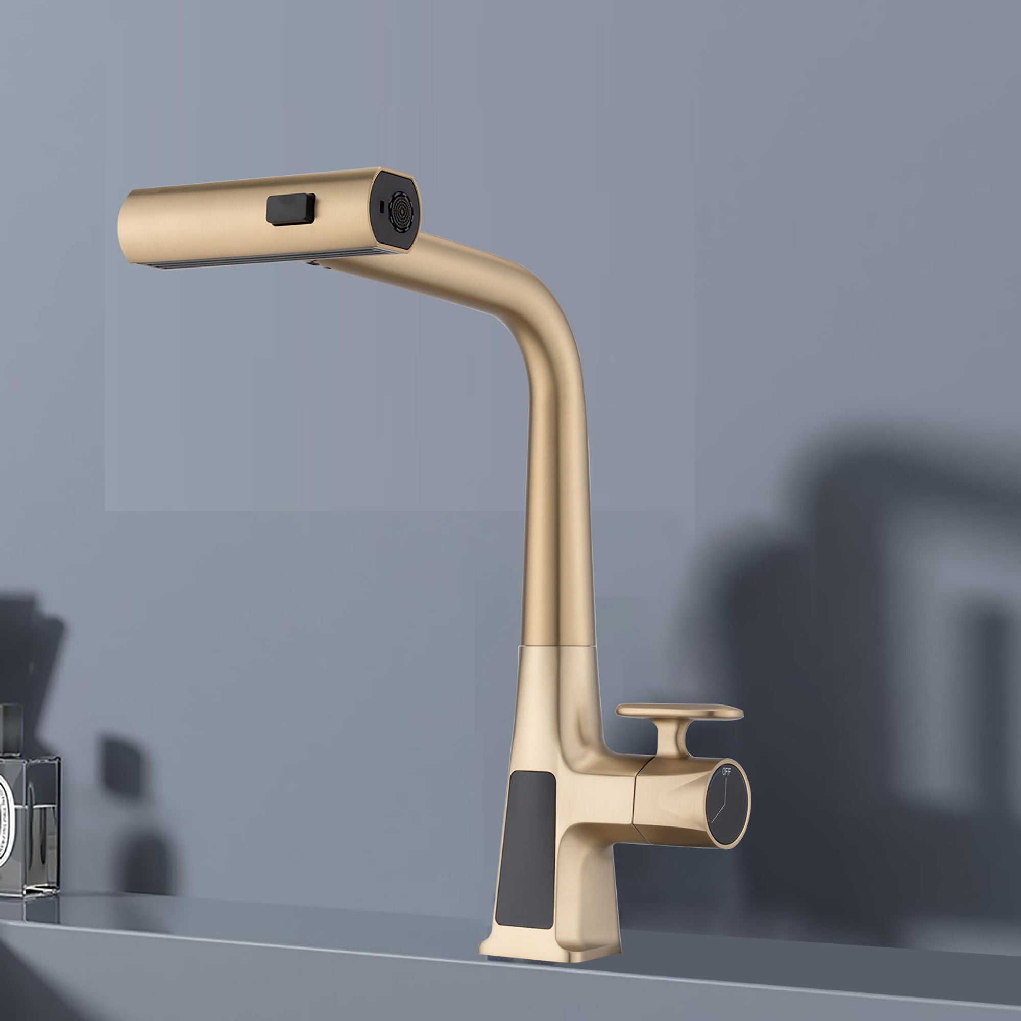 Waterfall Kitchen Faucet With Temperature Display And Pull Down Sprayer - Brushed Gold