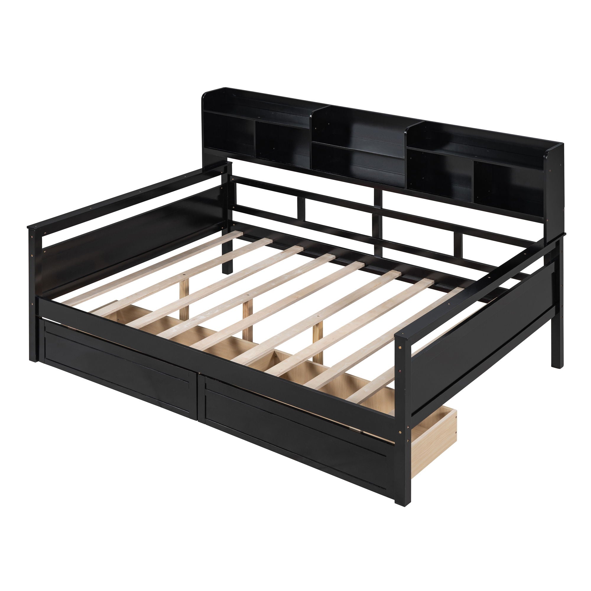 Daybed, Wood Slat Support, With Bedside Shelves And Two Drawers
