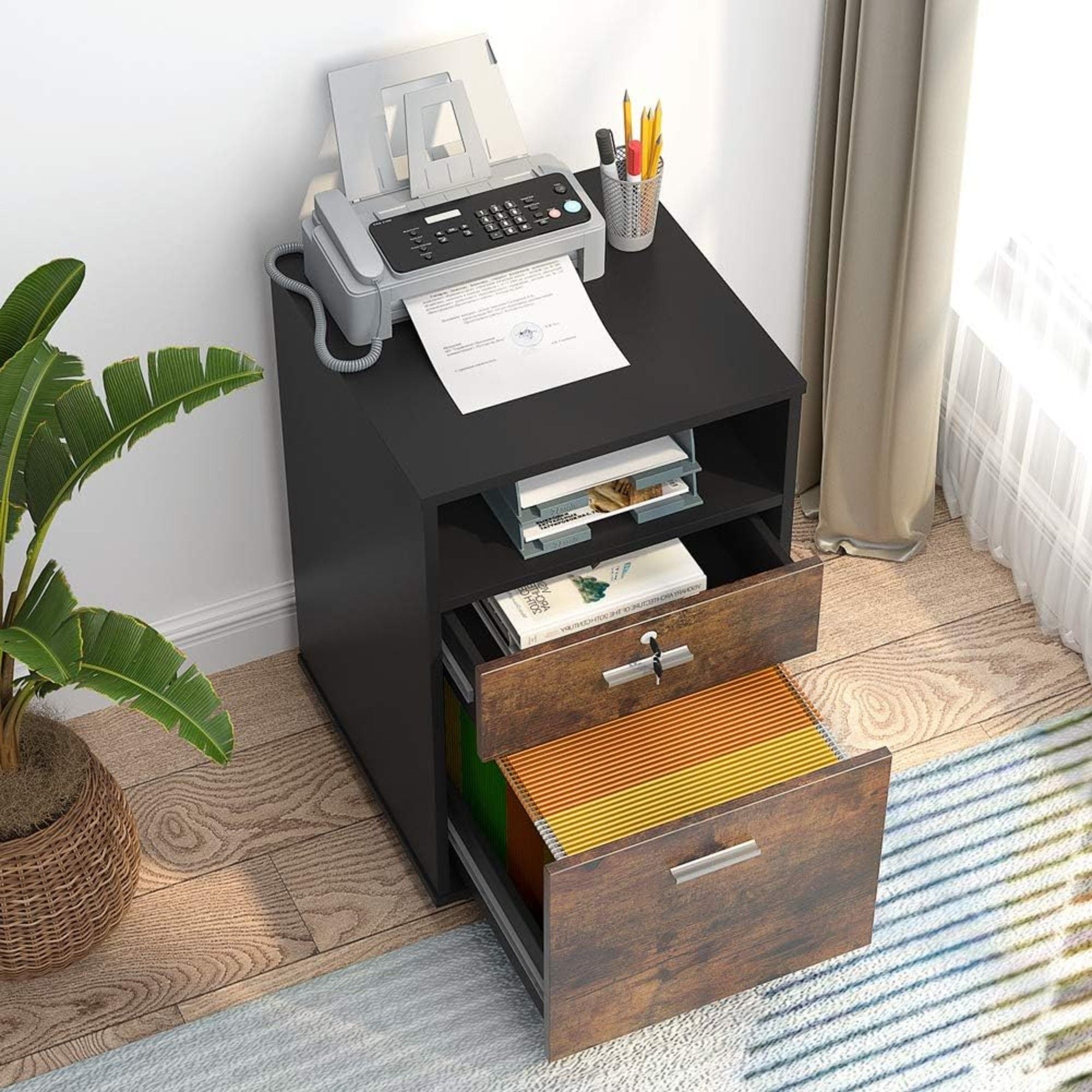2 Drawer Mobile File Cabinet With Lock, Rolling Printer Stand For Letter Size Files - Black / Brown