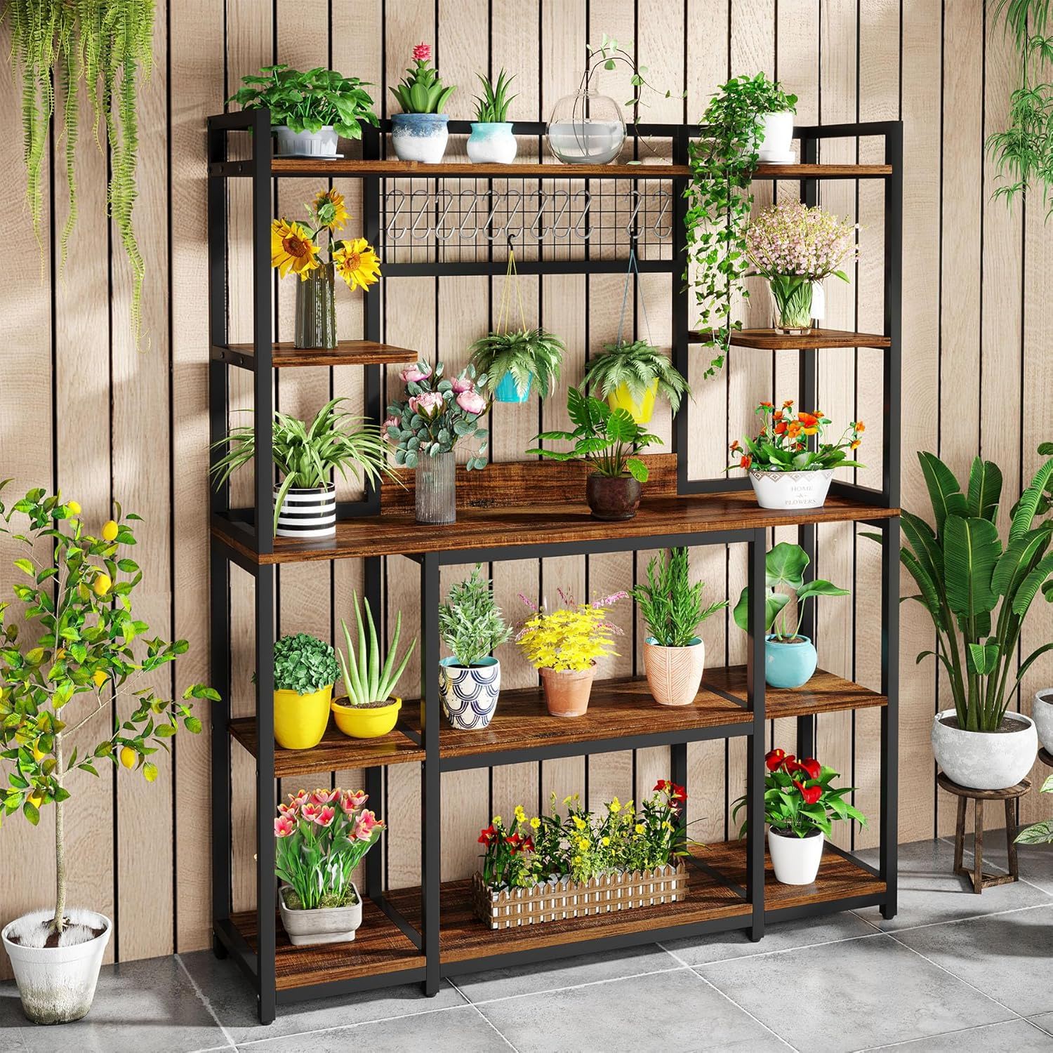 Baker's Rack With Hutch, 5 Tier Kitchen Storage Shelf, Freestanding Utility Pantry Organizer With Hooks And Microwave Stand - Black