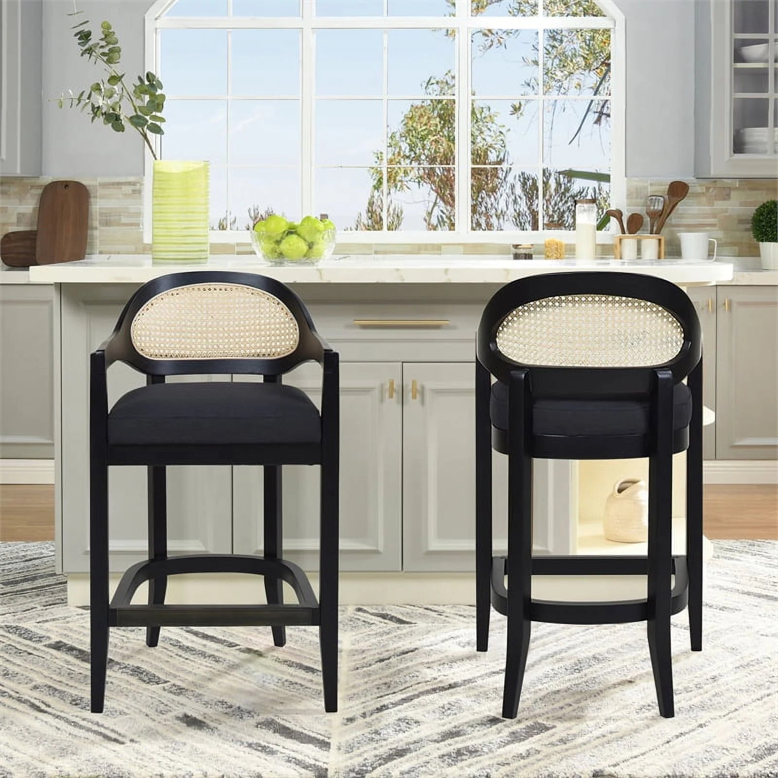 Americana Mid-Century Modern 30.5' Cane Back Bar Stool, Jet Black