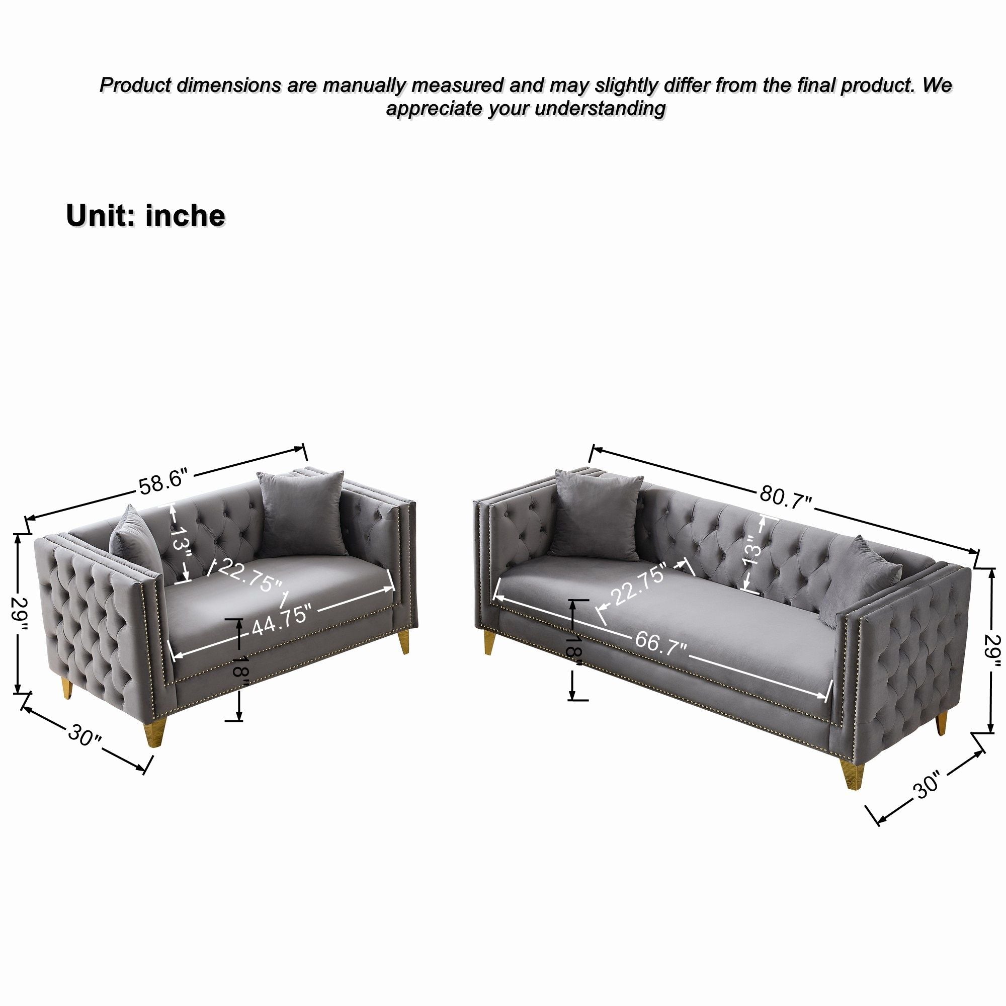 3 And 2 Seater Deep Seat Sofa With Button Nailhead, Square Arm Couches, Furniture For Living Room - Gray