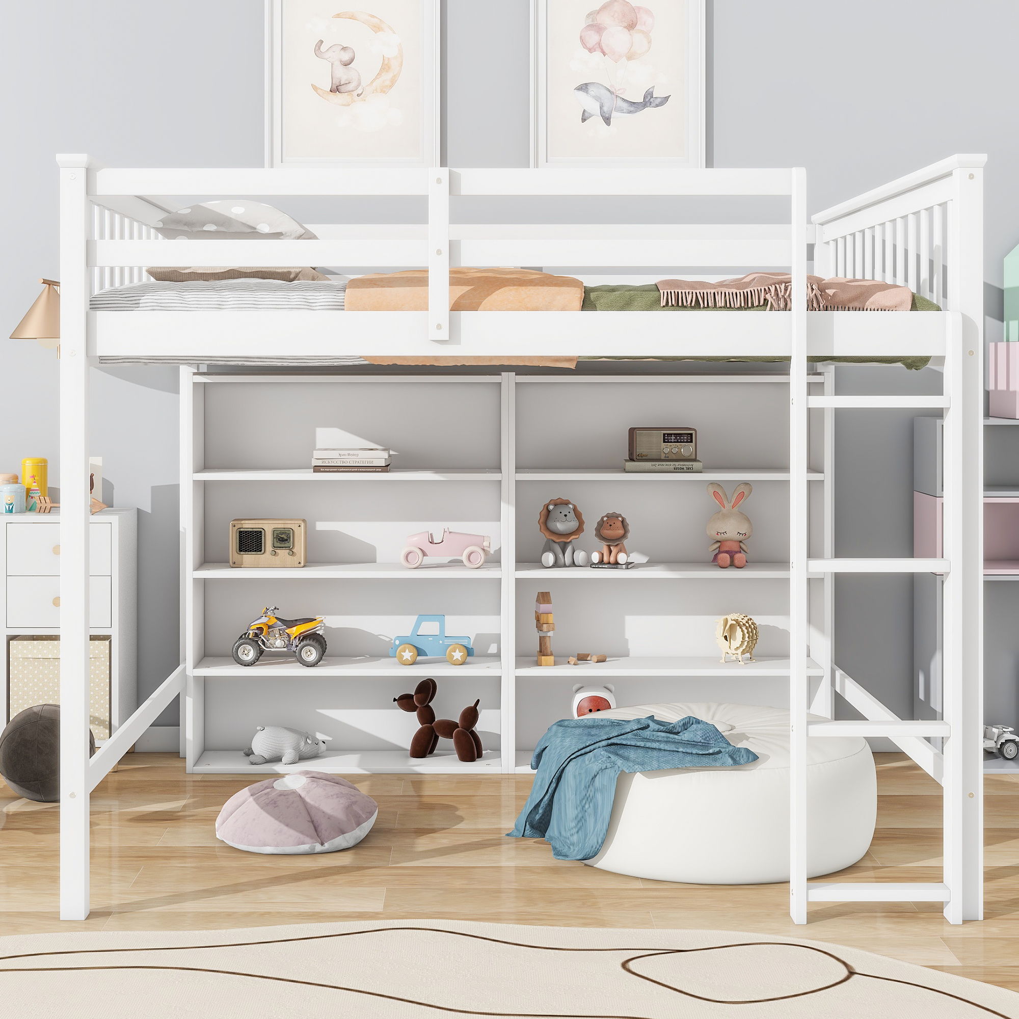 Loft Bed With 8 Open Storage Shelves And Built In Ladder