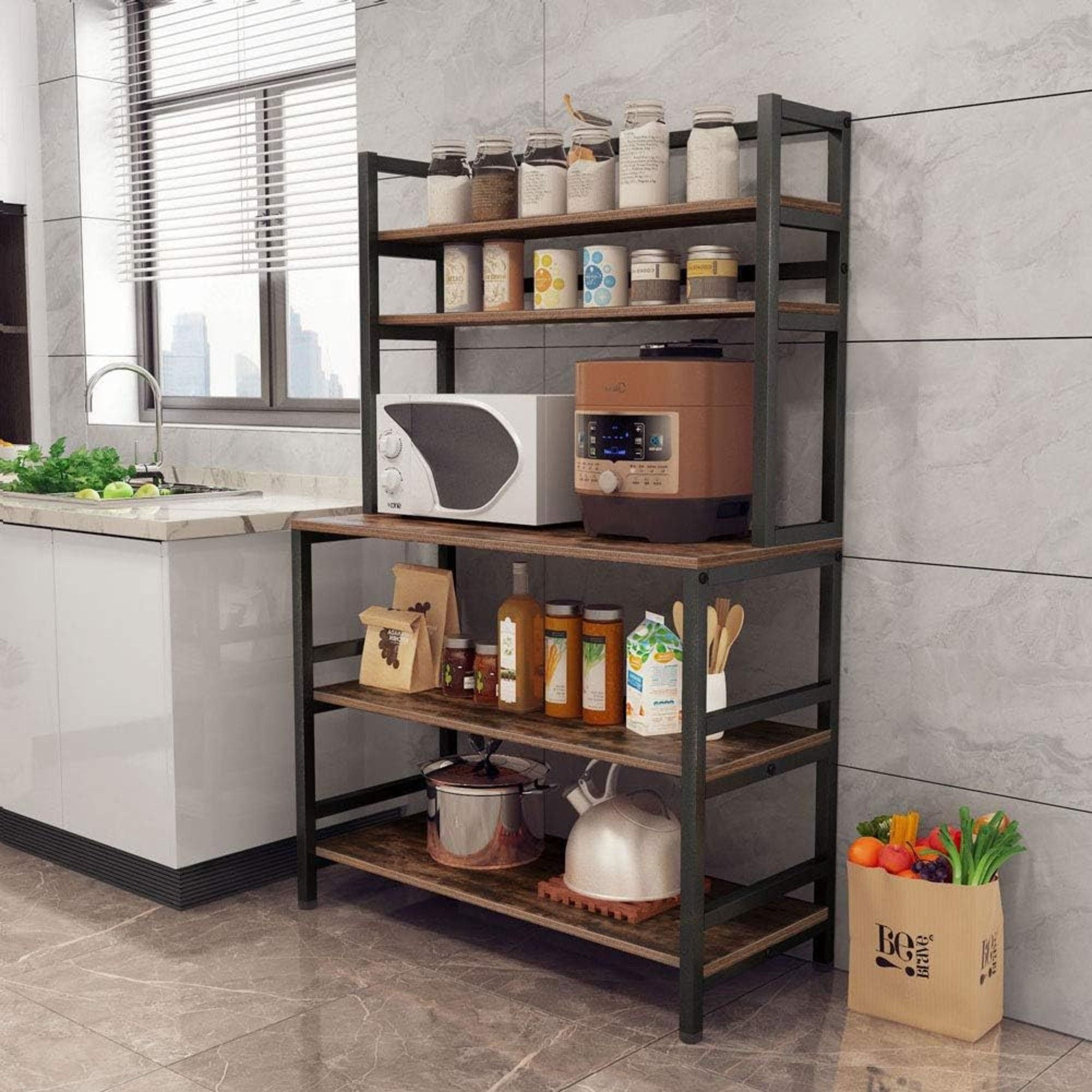 5 Tier Kitchen Bakers Rack With Hutch Microwave Stand, Freestanding Storage Organizer For Countertop - Black