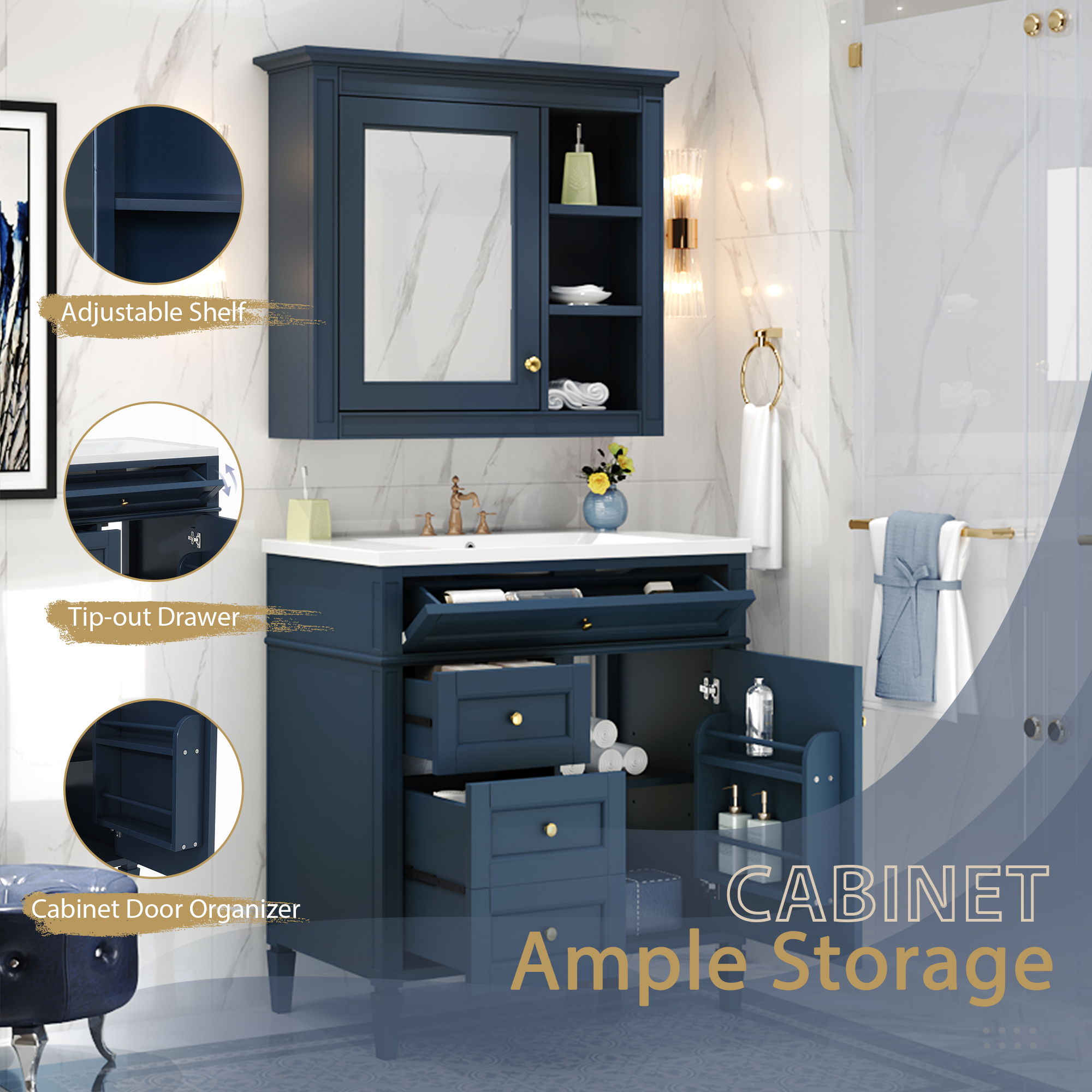 Bathroom Vanity With Medicine Cabinet, Royal Blue Mirror Cabinet, Modern Bathroom Storage Cabinet With 2 Soft Closing Doors And 4 Drawers