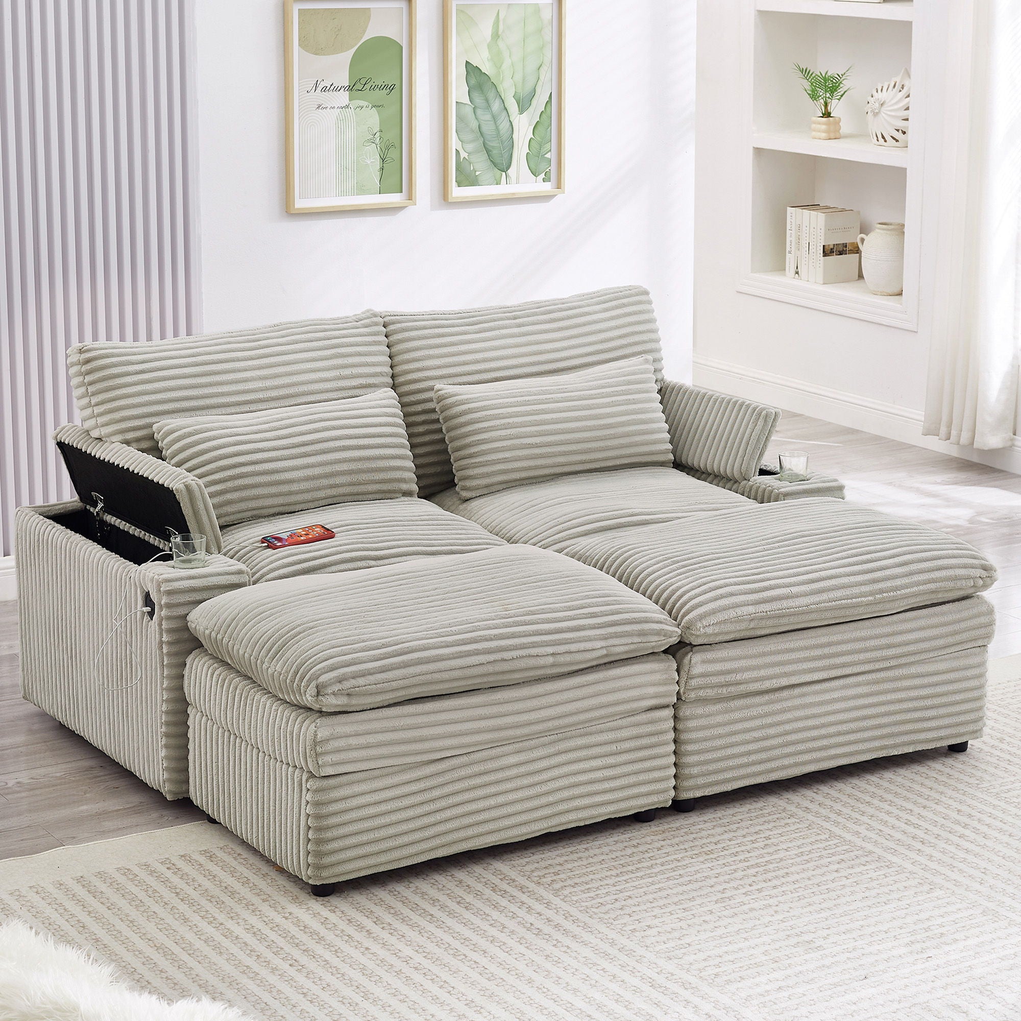 Convertible Loveseat Sofa With Storage, USB Ports, Cup Holders