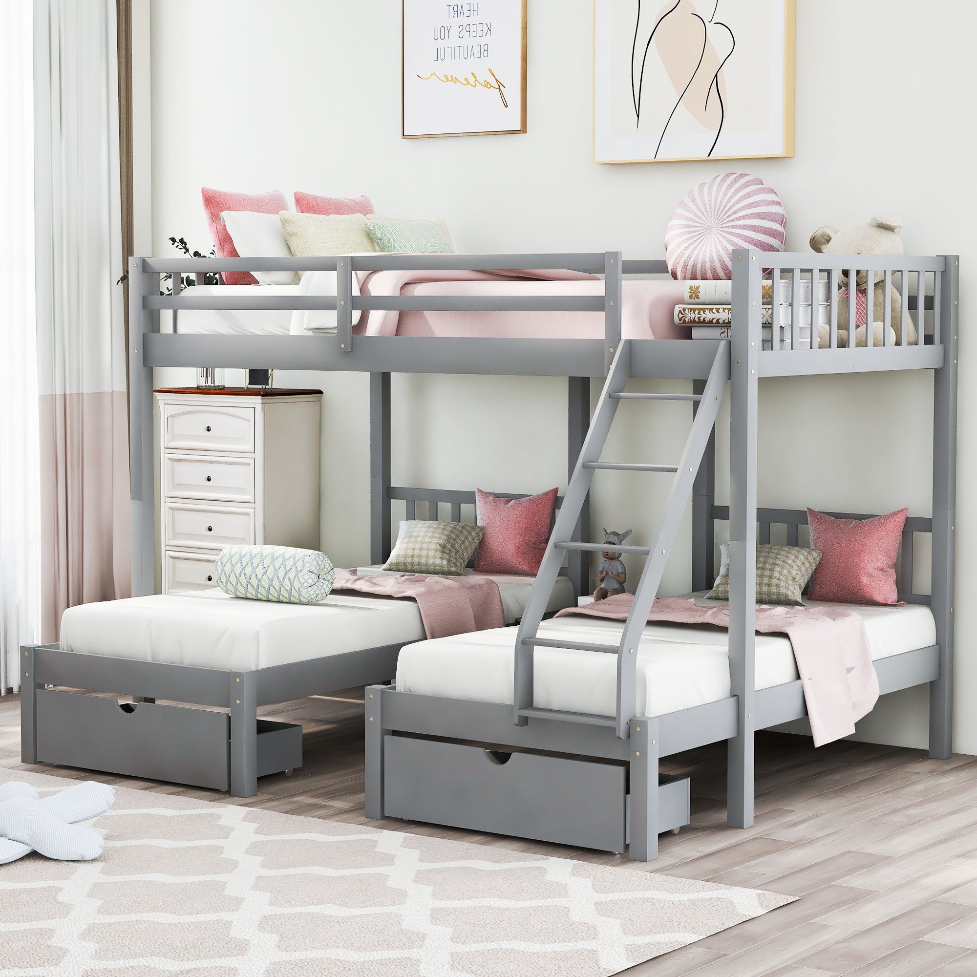 Triple Bunk Bed With Drawers And Guardrails