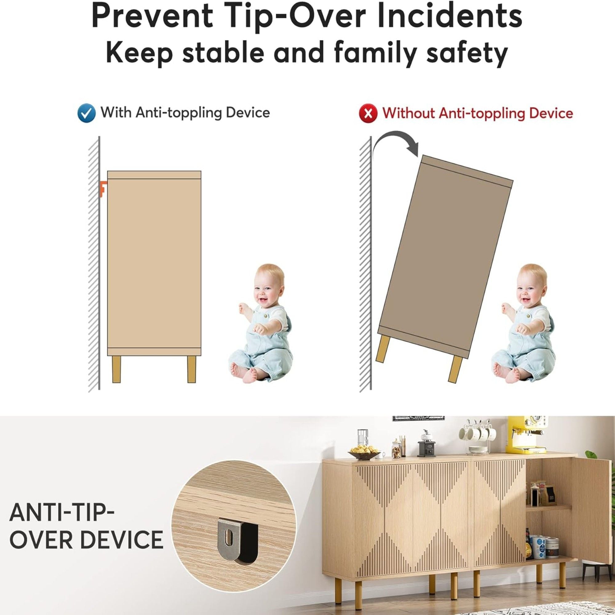 Sideboard Buffet Cabinet With Carved Doors - Yellow