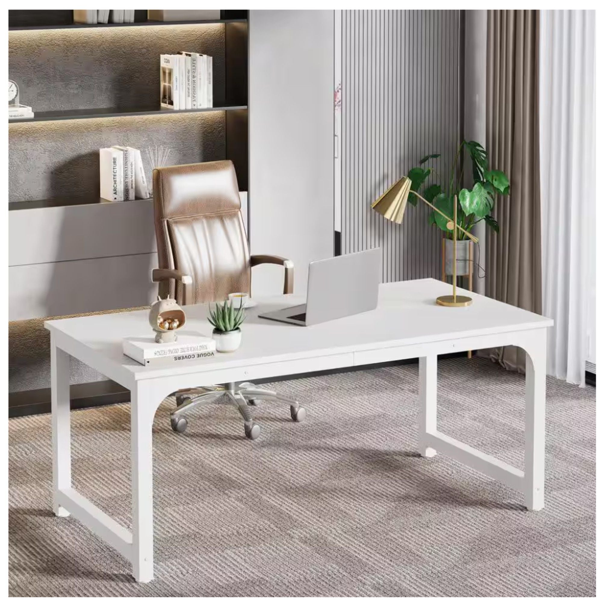 Executive Desk, Large Office Computer Workstation With Thick Frame - White