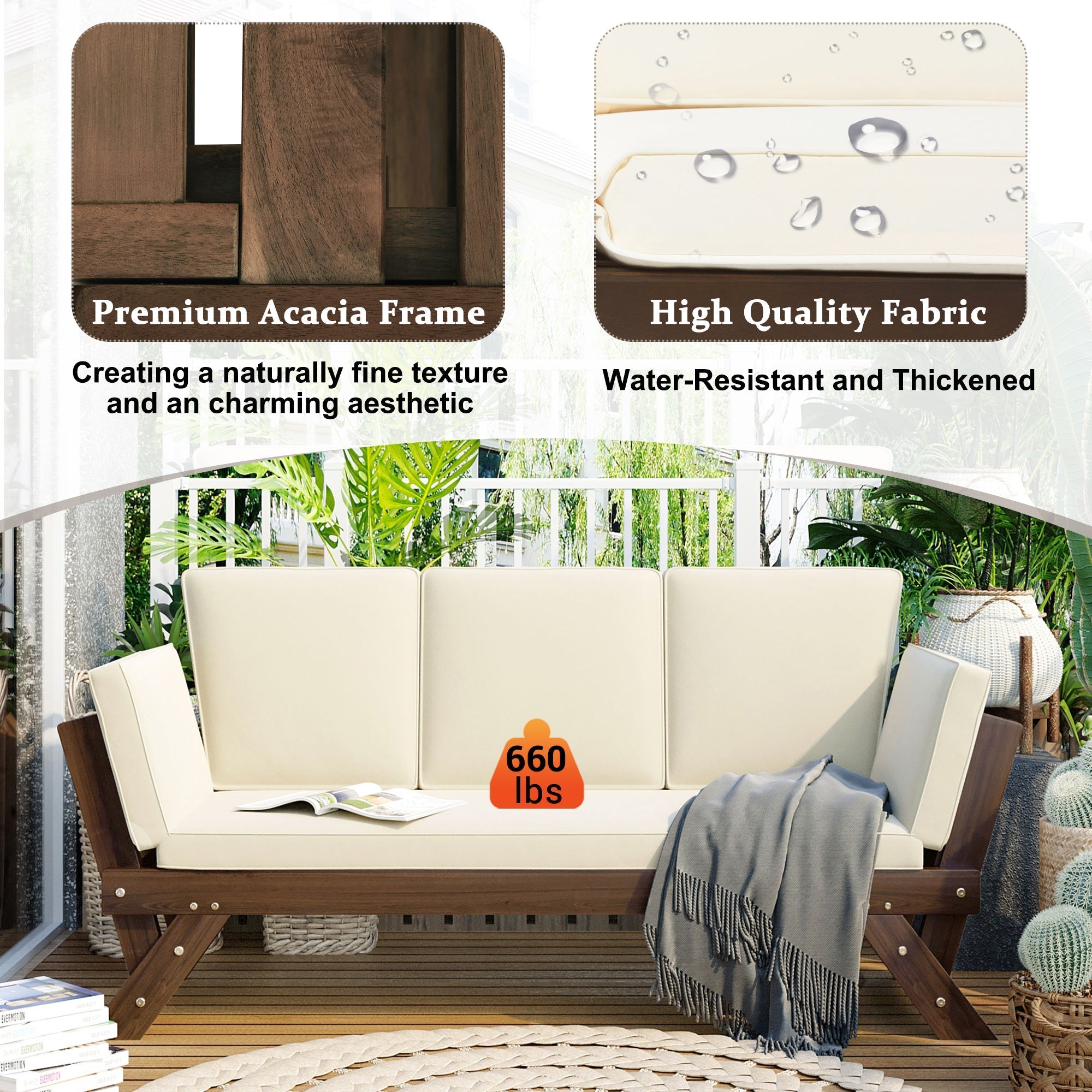 TOPMAX Outdoor Adjustable Patio Wooden Daybed Sofa Chaise Lounge