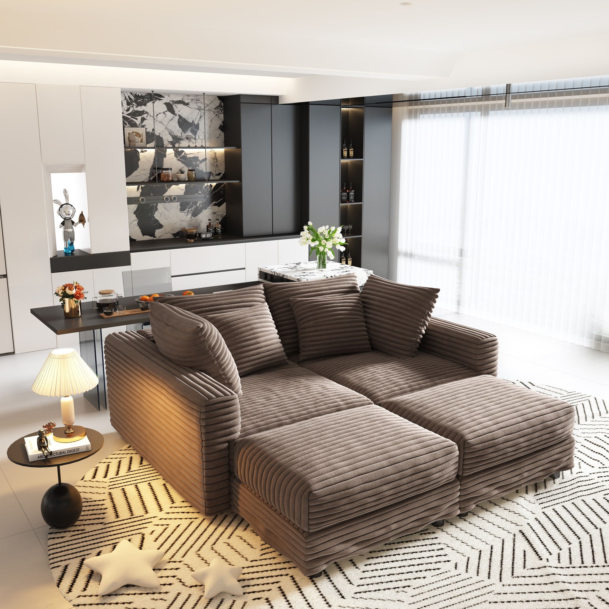 Deep Seat Convertible Sofa With Soft Pillows And Ottomans