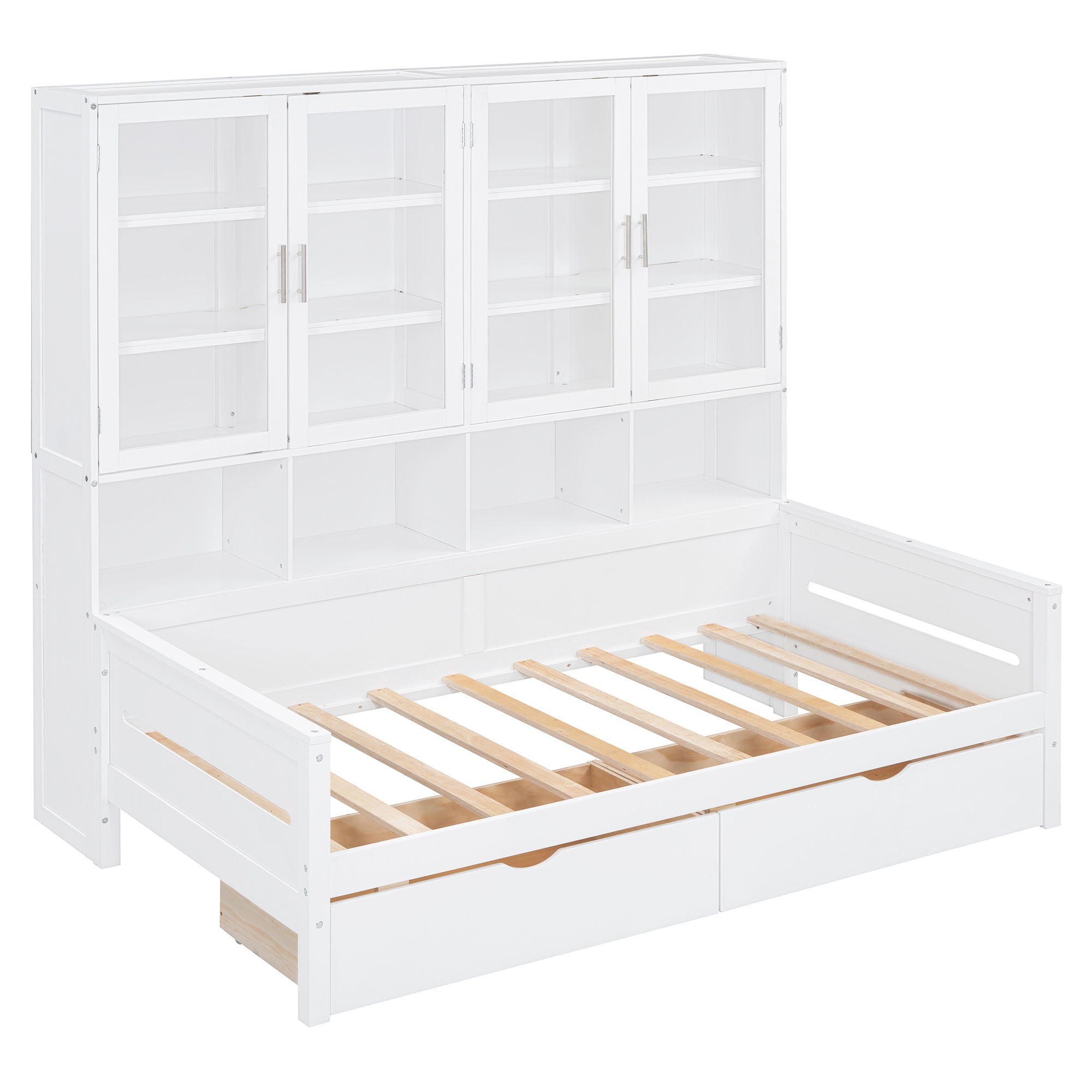 Daybed With Glass Door Storage Cabinets, Built In LED Lighting And Shelves