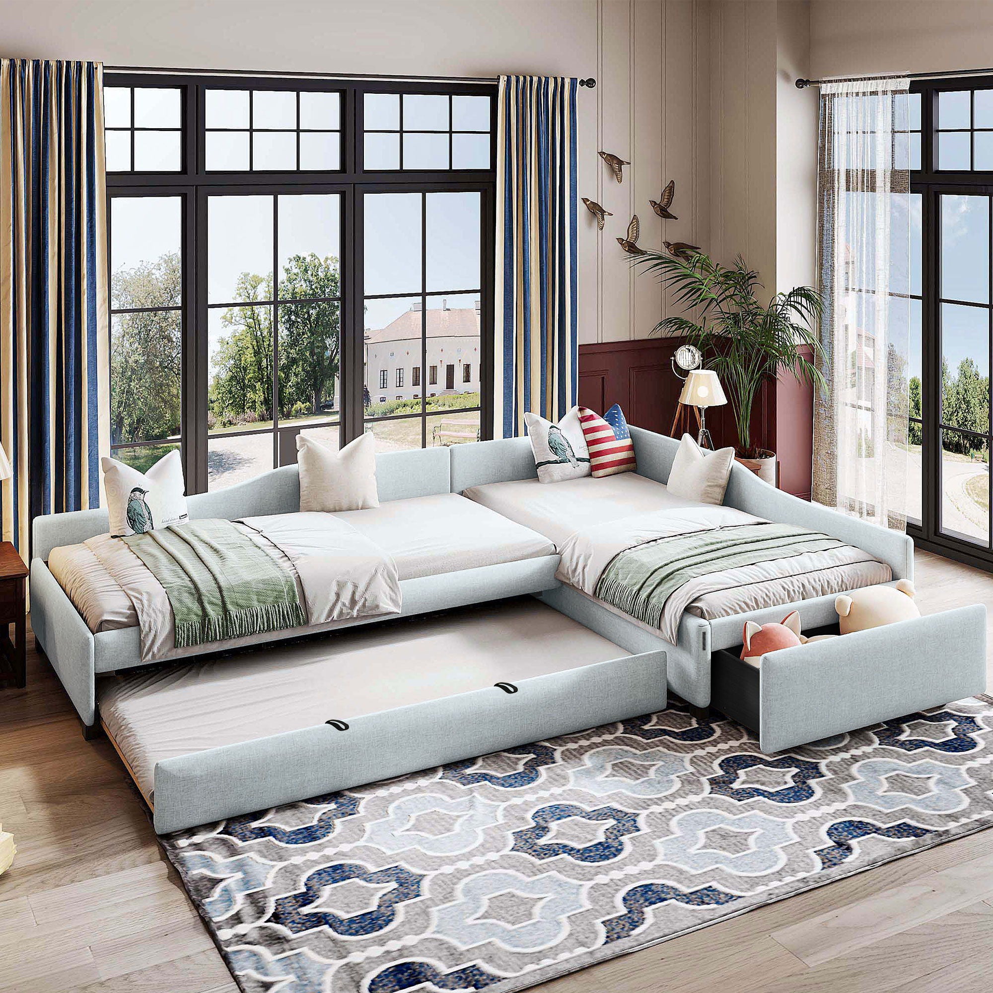 Upholstered Double Daybed With Trundle And Drawer