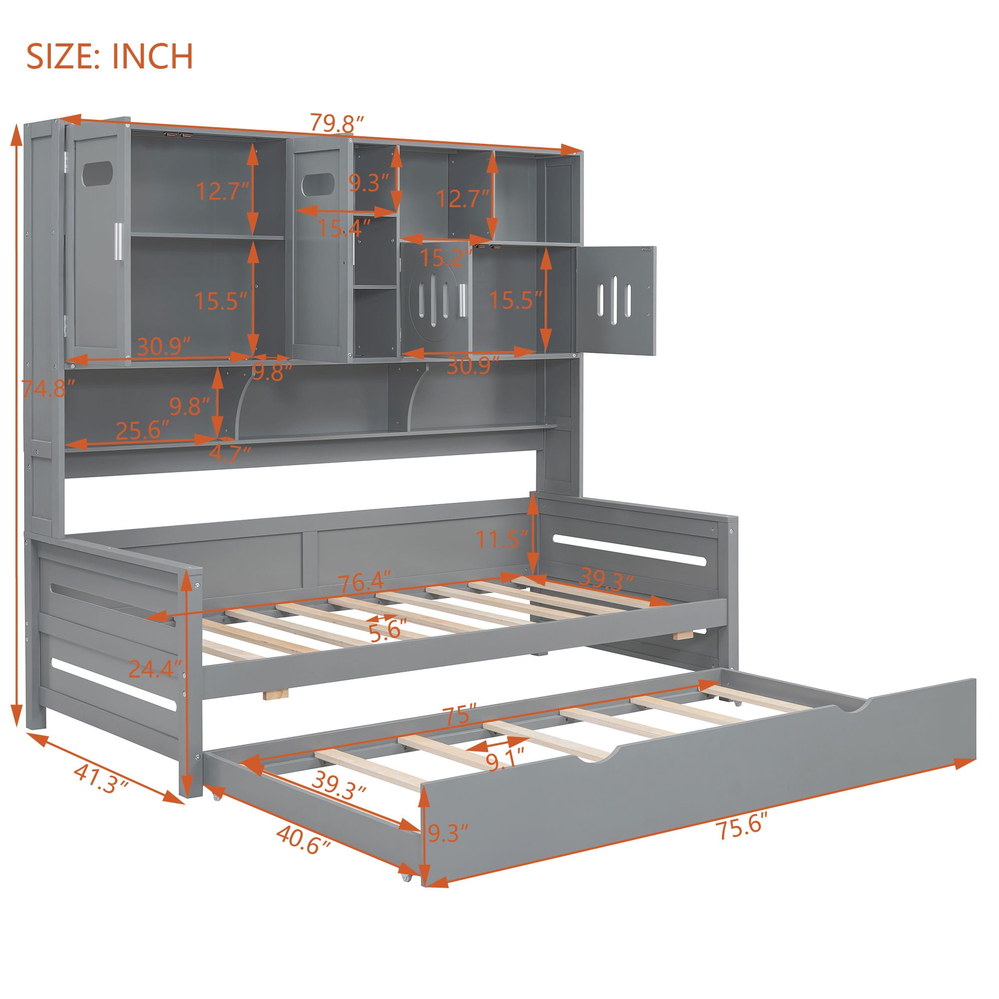 Daybed With All-In-One Cabinet And Shelf