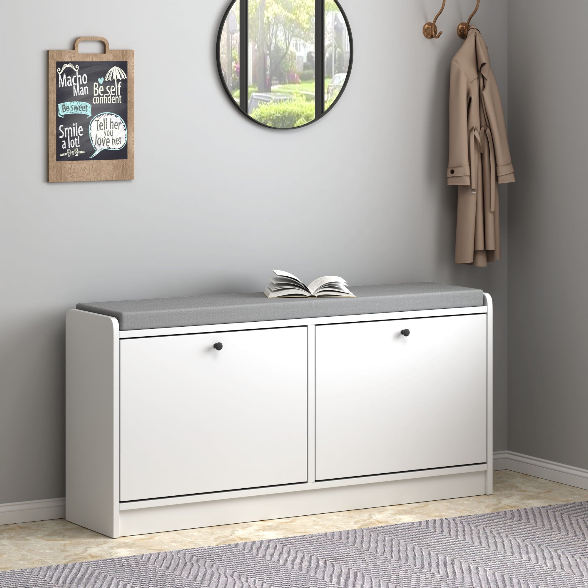 Shoe Storage Bench With Cushion, Entryway Organizer Cabinet For Hallway - White