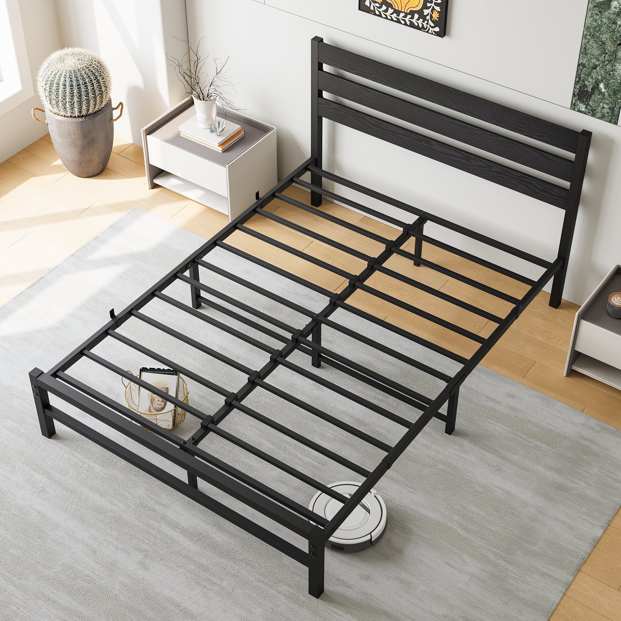 Industrial Platform Bed with Storage and Vintage Wood Headboard - Black