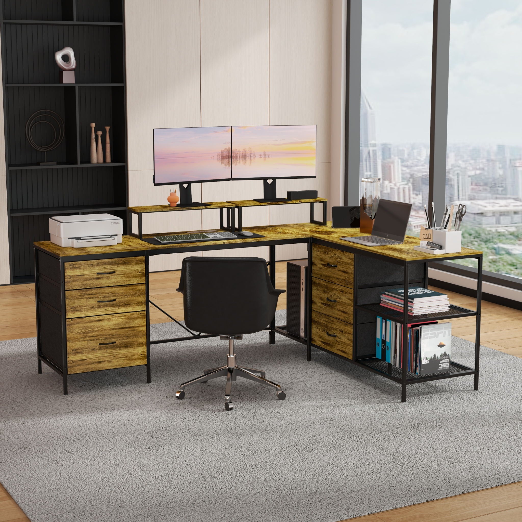 Industrial L Shaped Desk With Power Hub With 6 Drawers And Adjustable Monitor Stands - Brown