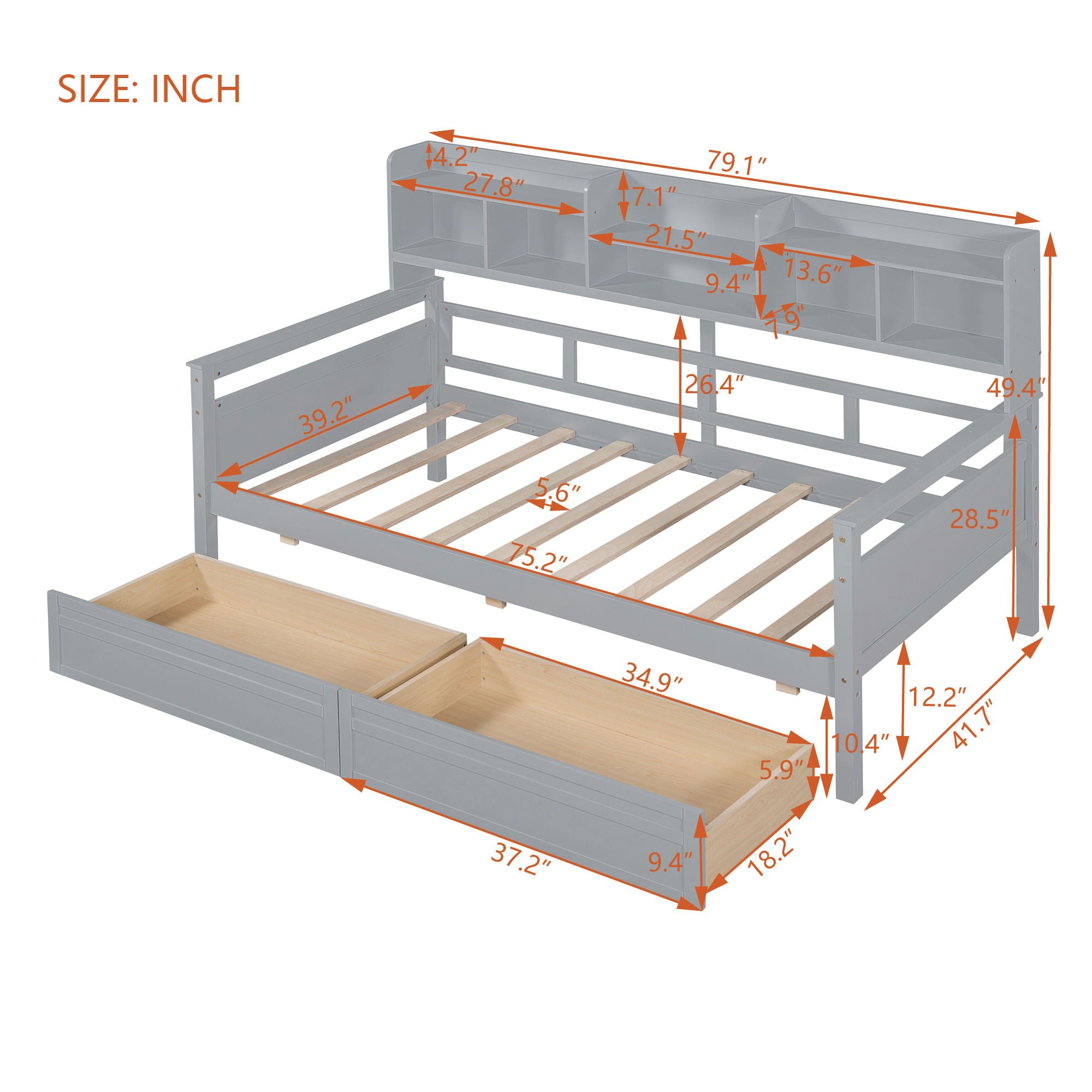 Daybed, Slat Support, With Bedside Shelves And 2 Drawers