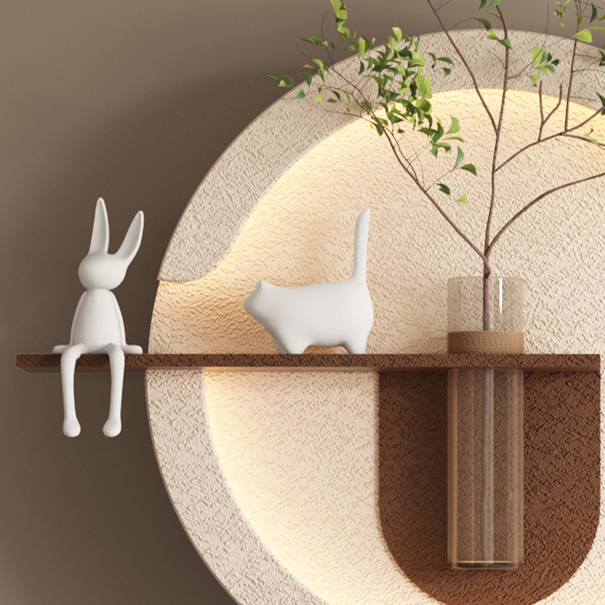 Adjustable 3 Color LED Sandstone Double Disc Wall Art With Simulated Greenery, Vase & Rabbit Statue - Light Coffee