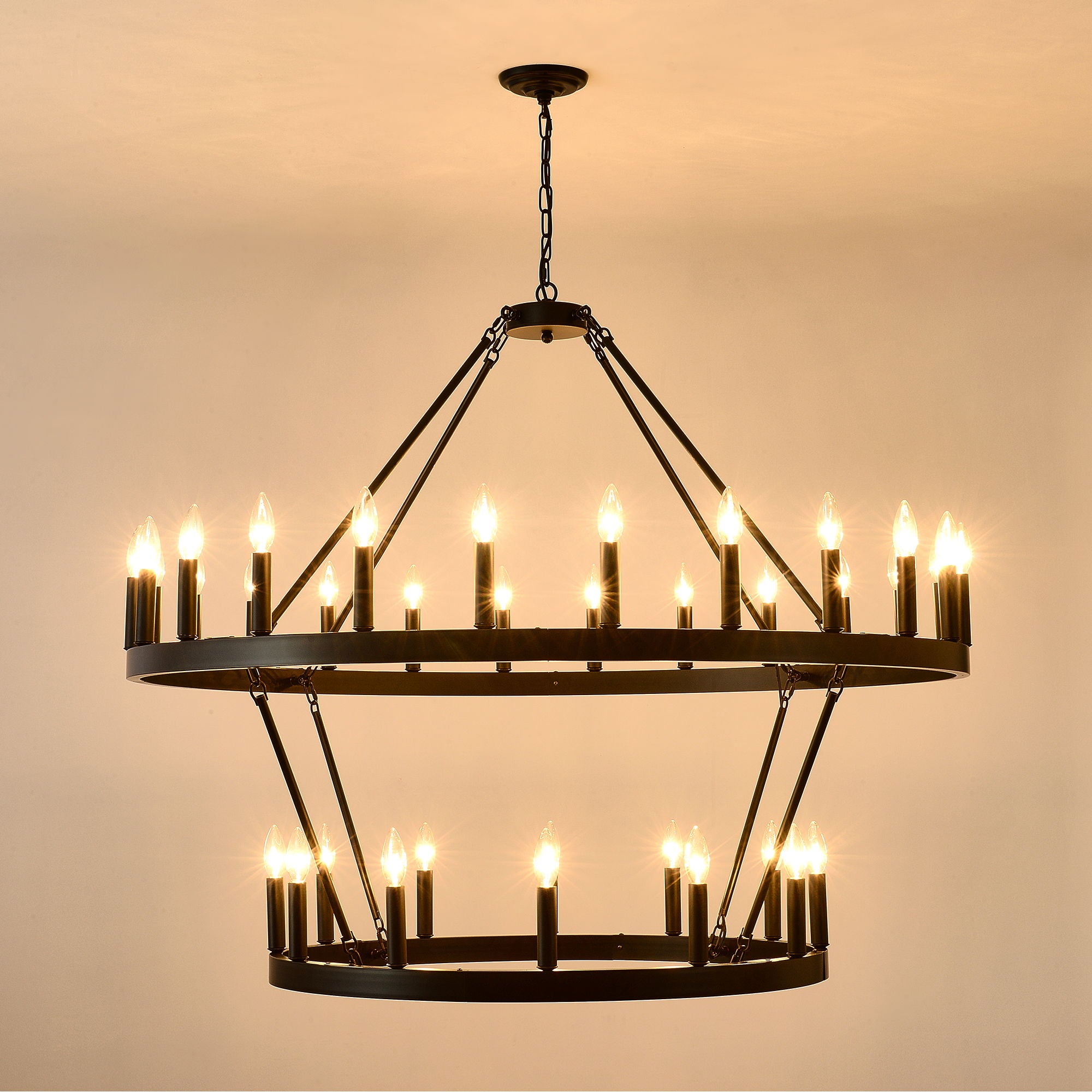 2 Tiers Wagon Wheel Chandelier Wooden Farmhouse 36 Light (24 / 12) Or (12 / 24) Metal Chandeliers 2 Story Light Fixtures Industrial For High Ceiling Living Dining Room Foyer, Adjustable Height - Black