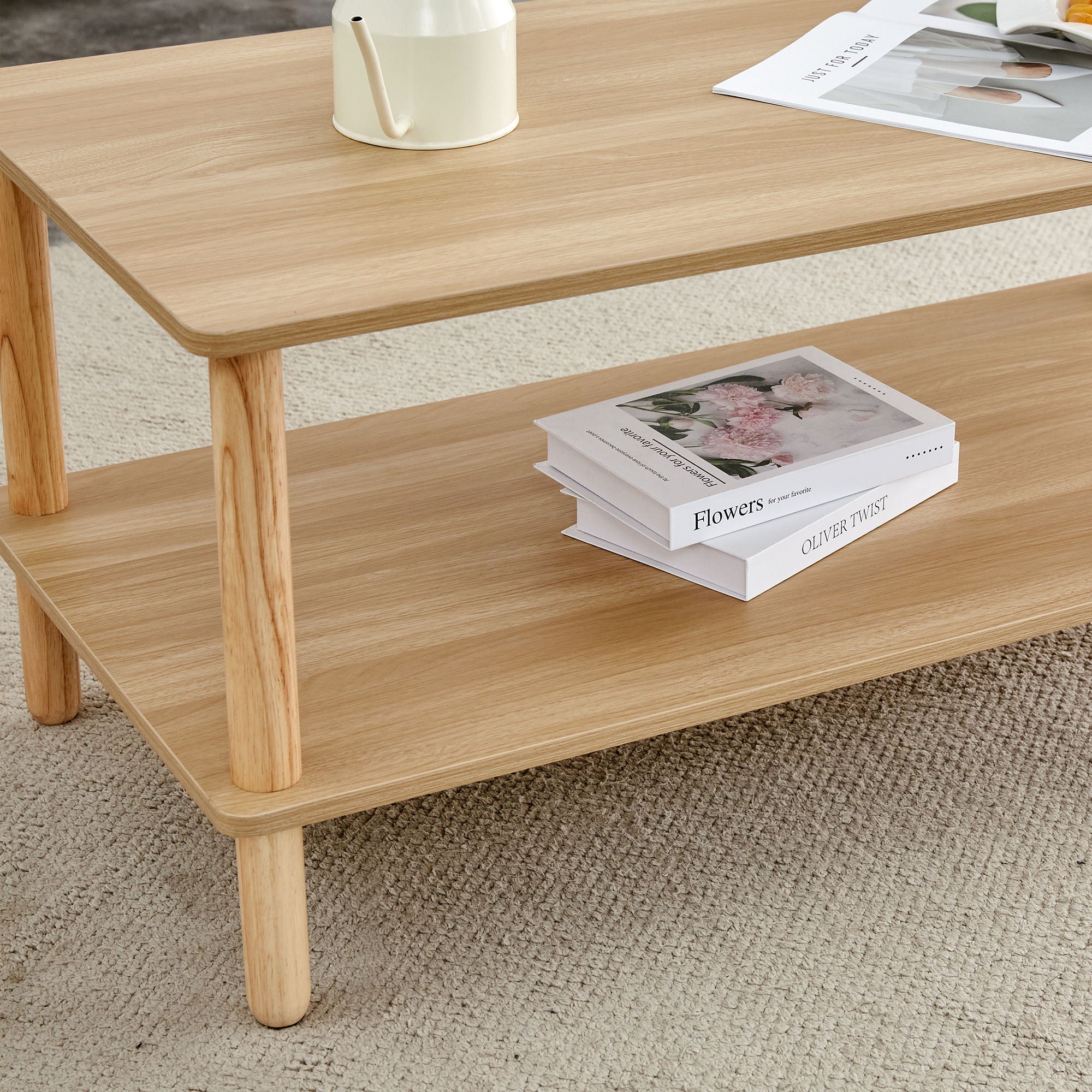 Modern 2 Tier, Rectangular Center Coffee Table With Open Storage Shelf, Rounded Legs