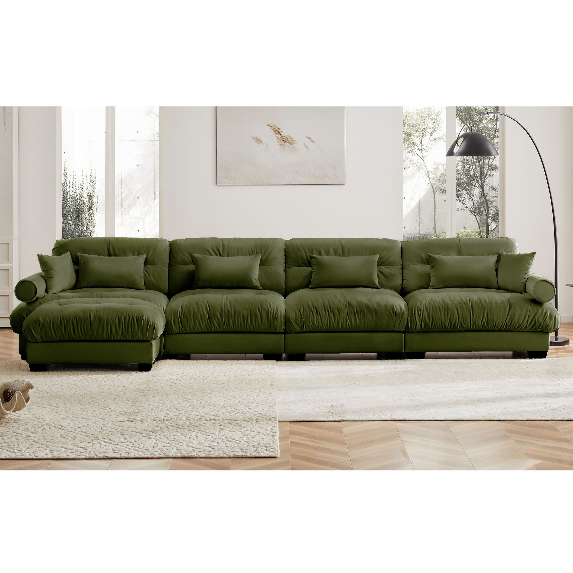 Modern Sectional Sofa With Ottoman, Round Bolster Armrests, Waist And Throw Pillows