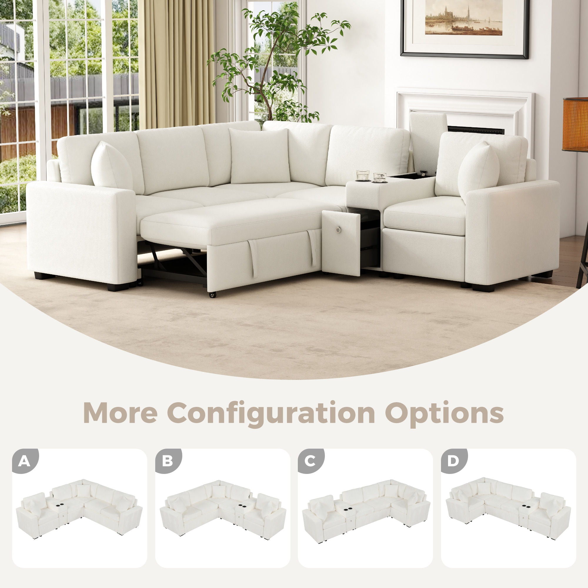 Modular L-Shaped Sectional Sofa Bed With Pull-Out Sleeper, Cup Holders, And Storage