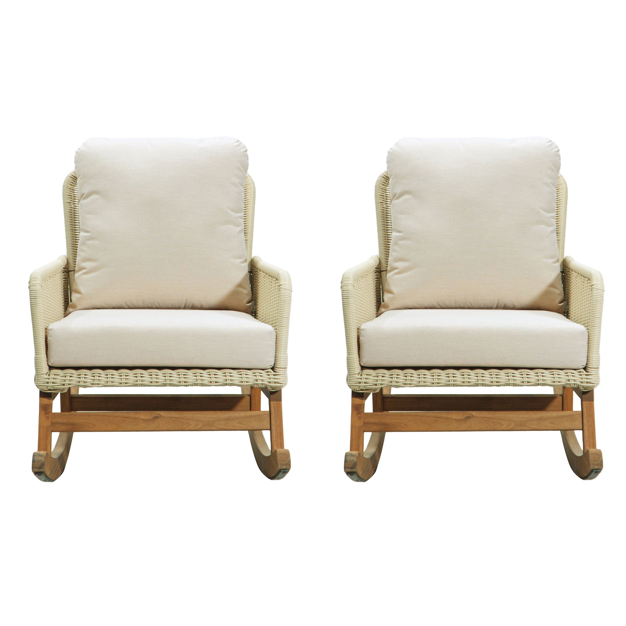 Contemporary Minimalist Wicker Rocking Chair Set With Soft Polyester Cushions And Durable Wooden Frame For Indoor And Outdoor Spaces - Ivory