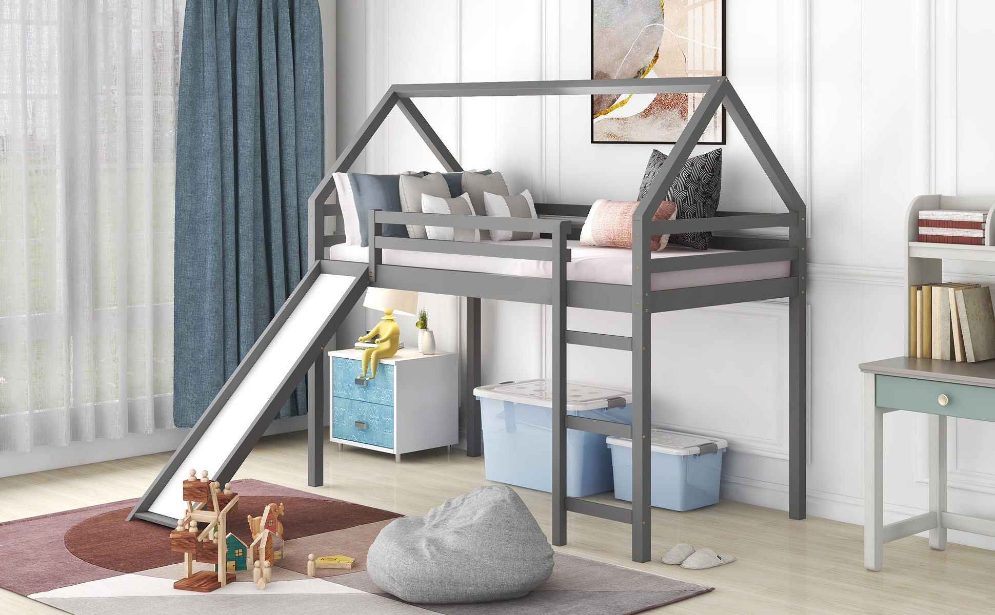 Twin Size House Loft Bed With Slide - Gray