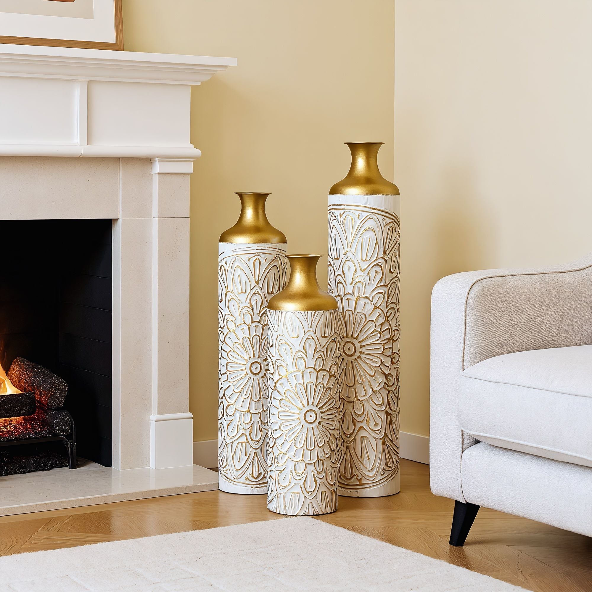 3 Piece Home Decoration Large Glazed Floor Vase Decoration Home Droplet Shaped - Gold / White - Best Buy Furniture