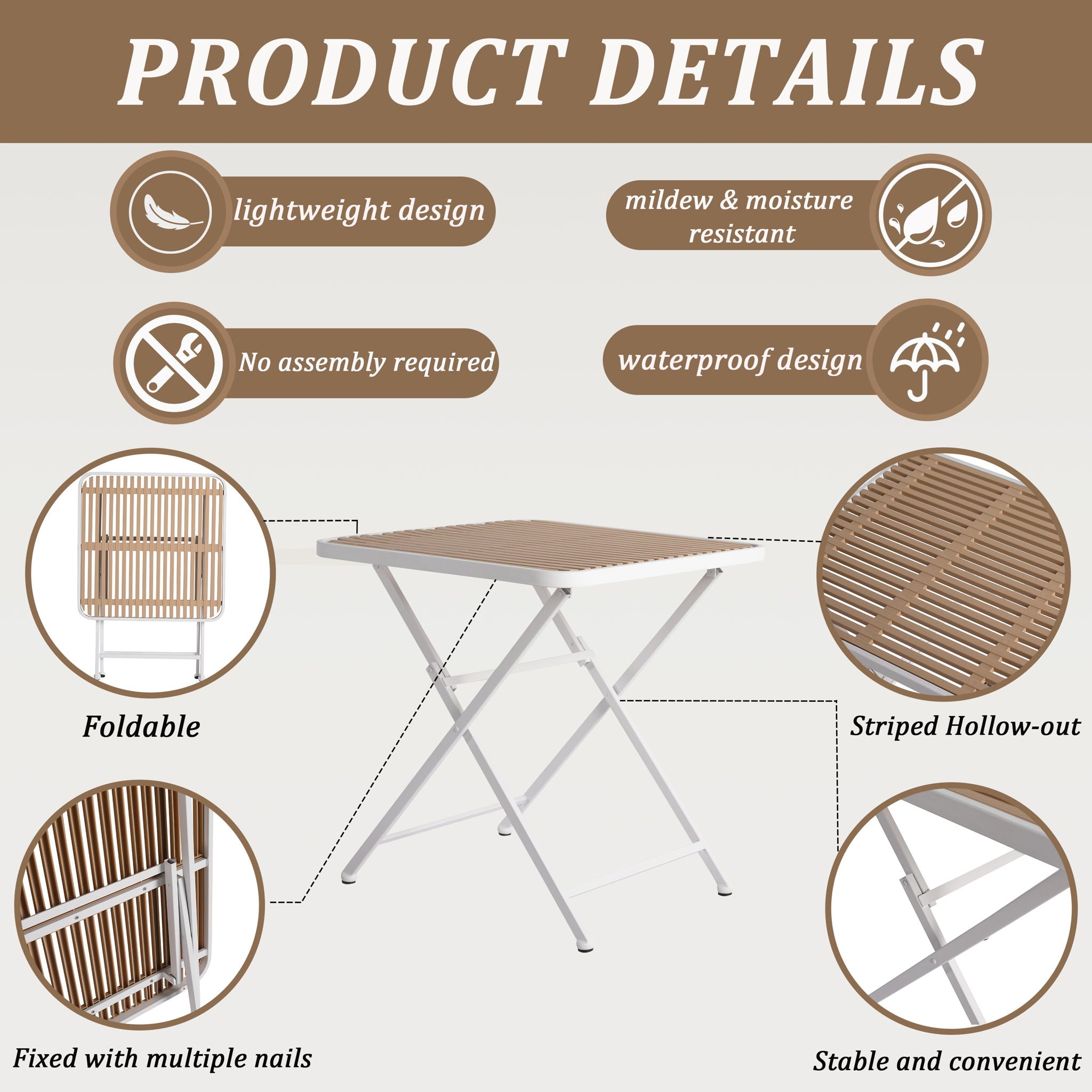 Modern Folding Square Table, Water Proof And Wear Resistant - Apricot / White