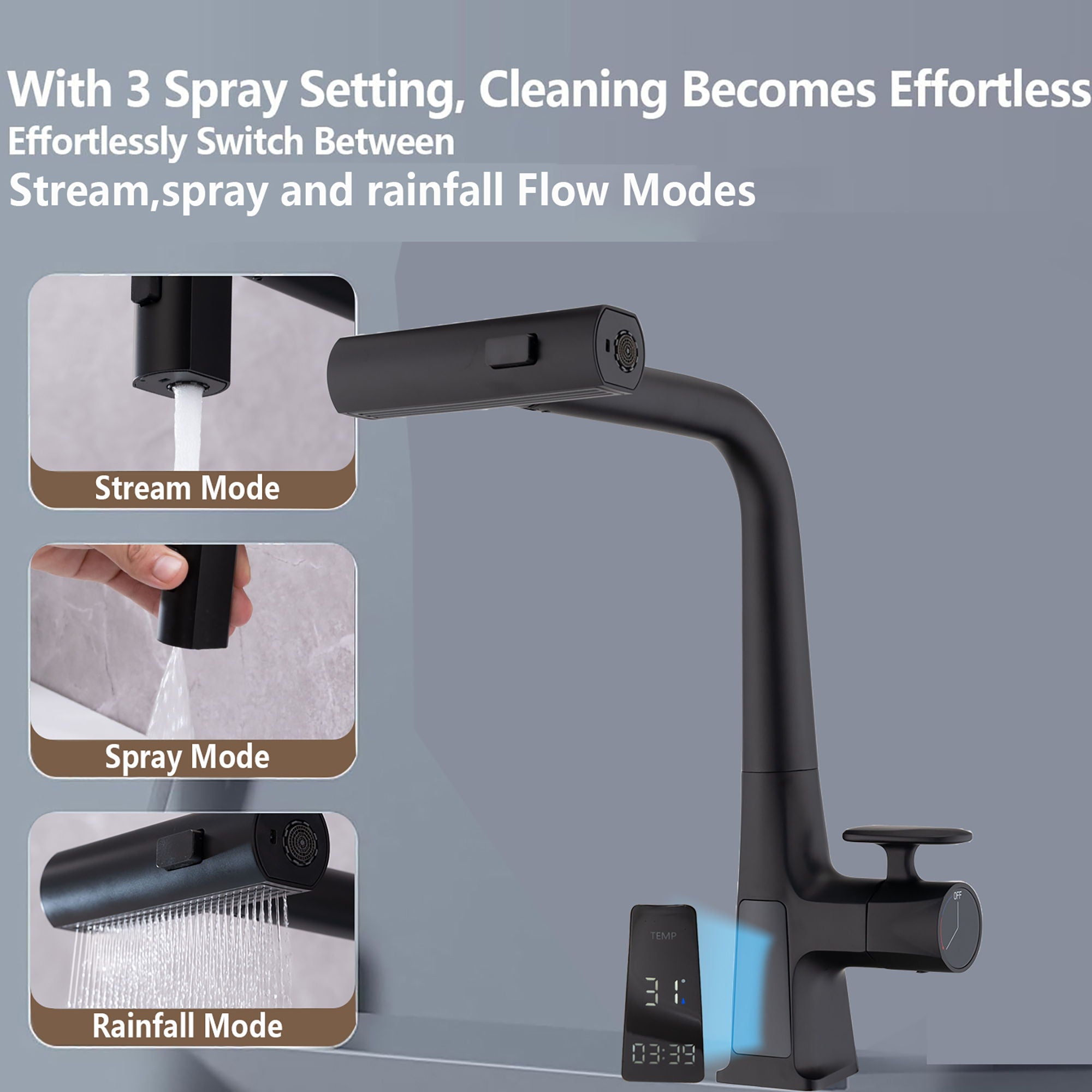 Modern Waterfall Kitchen Faucet With Temperature Display And Pull Down Sprayer, Zinc Construction - Matte Black