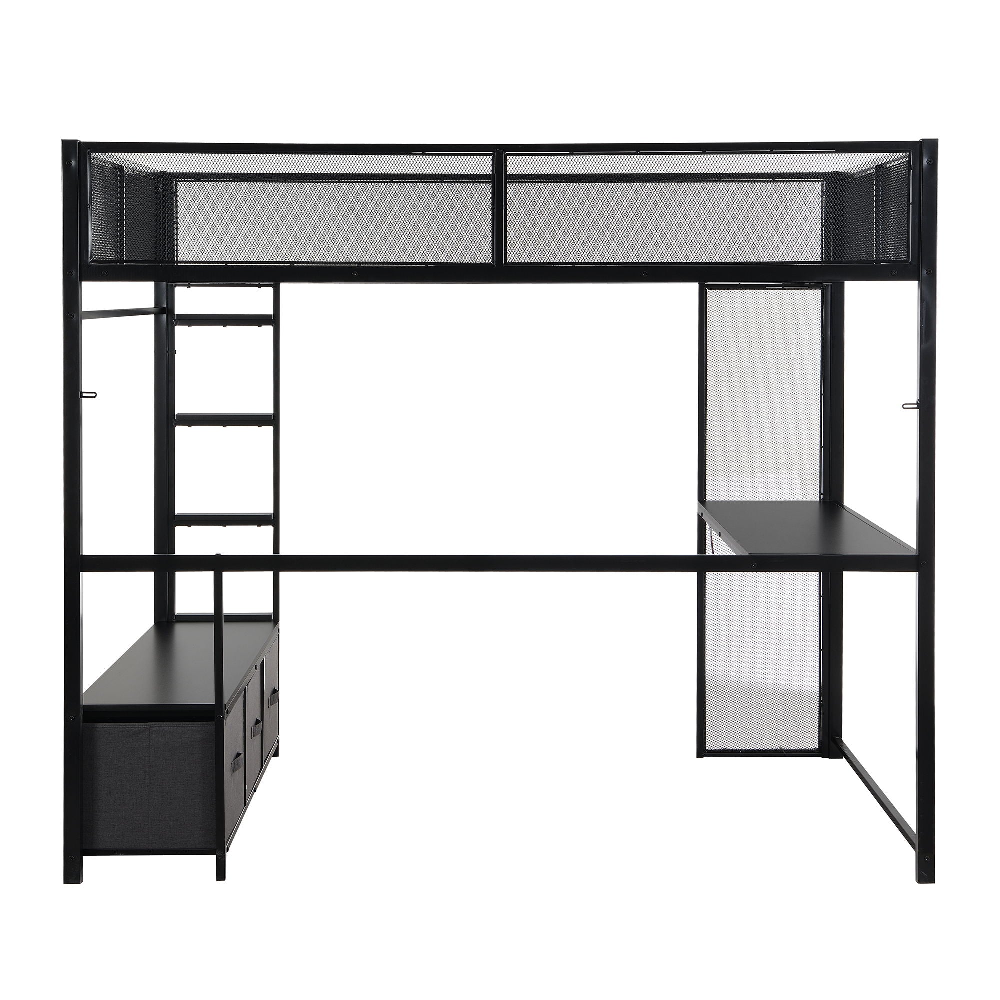 Full Size Gaming Loft Bed With LED Desk, Open Wardrobe, 3 Linen Storage Drawers - Black