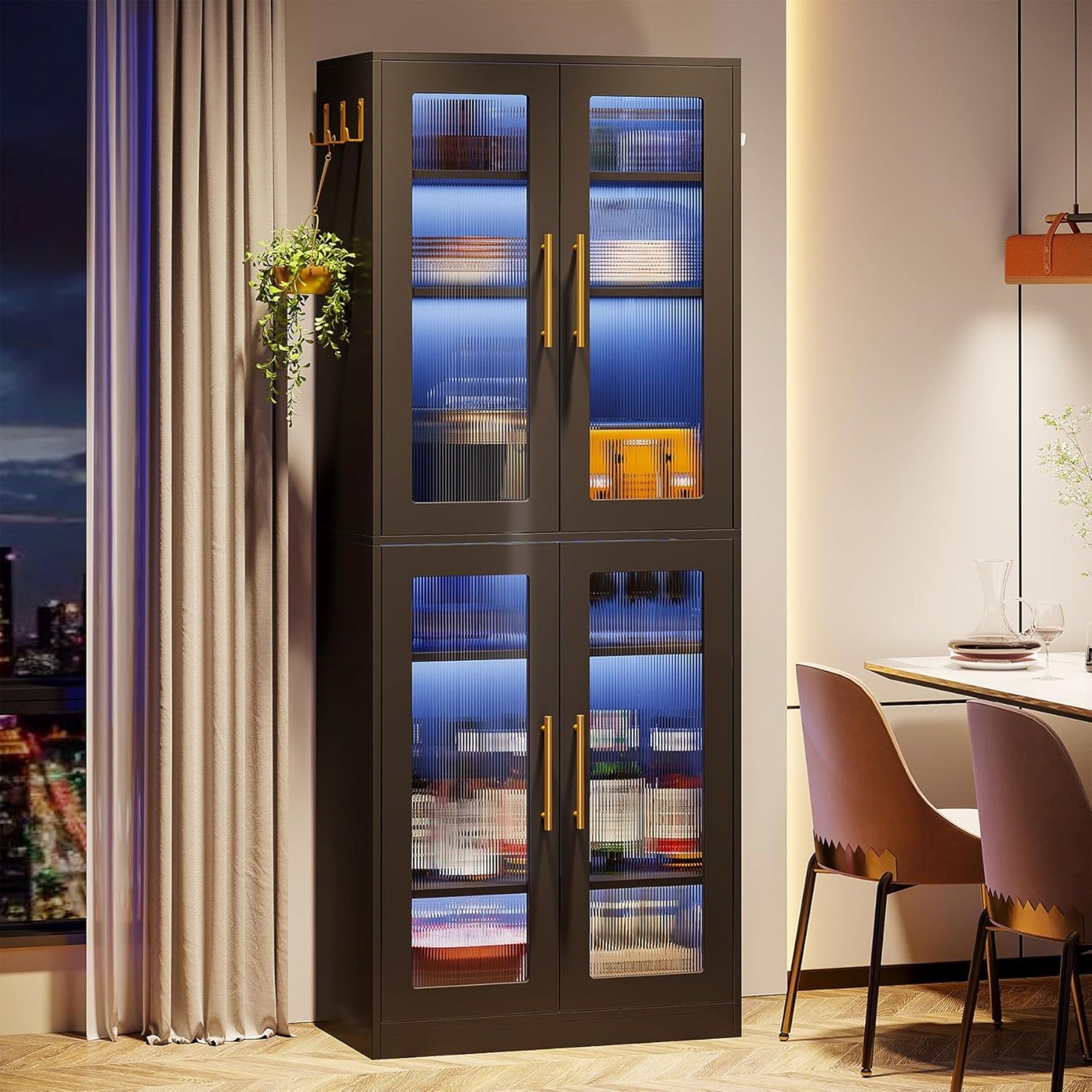 Bookcase With Doors And LED Lighting, 8 Adjustable Shelves Storage Cabinet