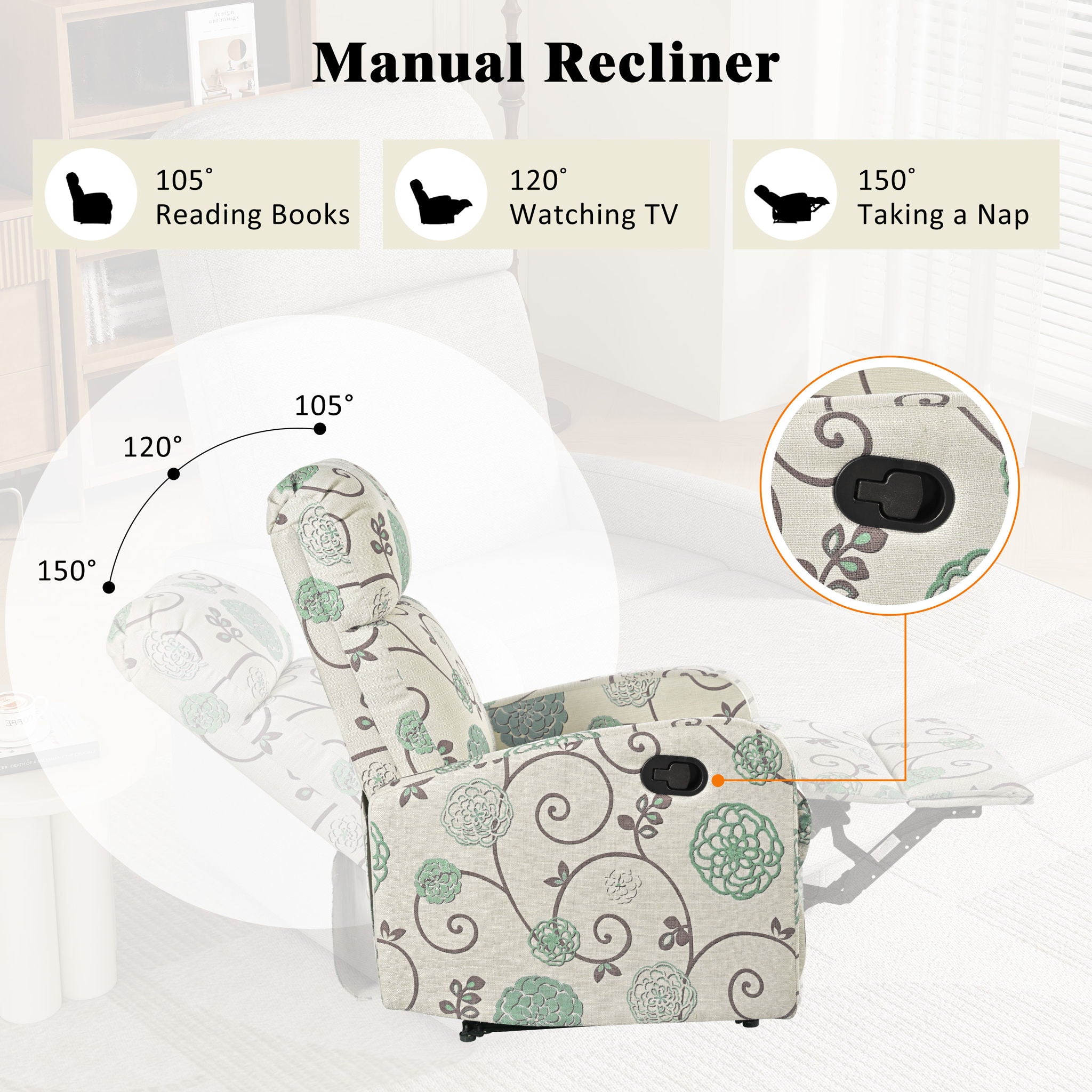Modern Manual Recliner, Home Theater Chair With Adjustable Backrest For Living Room - Beige / Blue