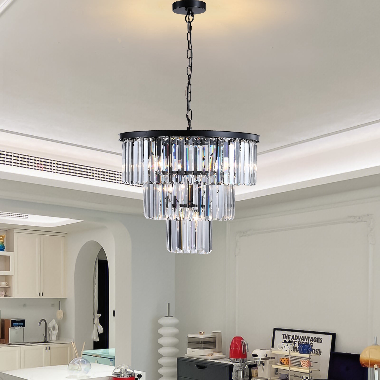 (Same as W1340102277/L5007) 20' Luxury 3-Tier Crystal Chandelier, 7-Light Black Frame Pendant Light, Elegant Ceiling Lighting for Living Room, Dining Room, Bedroom (No Bulbs)