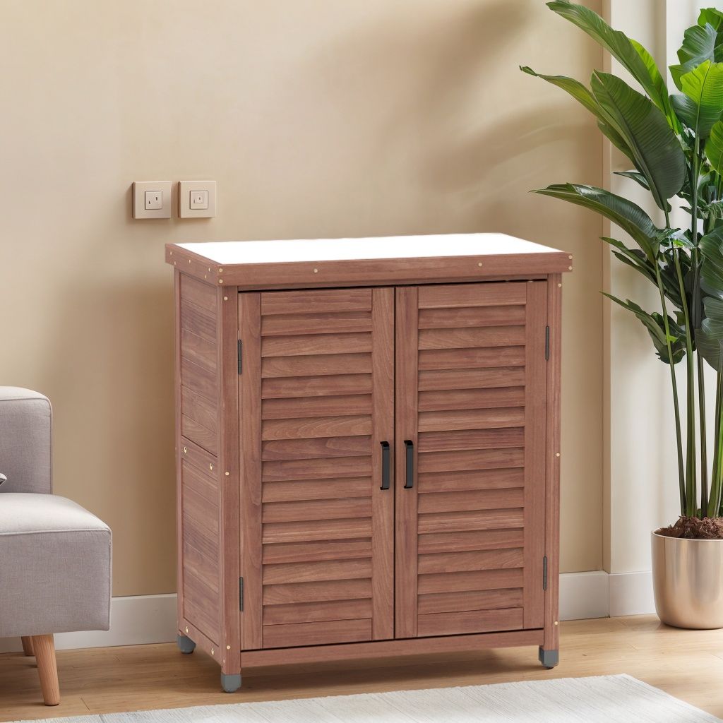 Potting Bench With Storage Cabinet And Metal Table Top For Outdoor