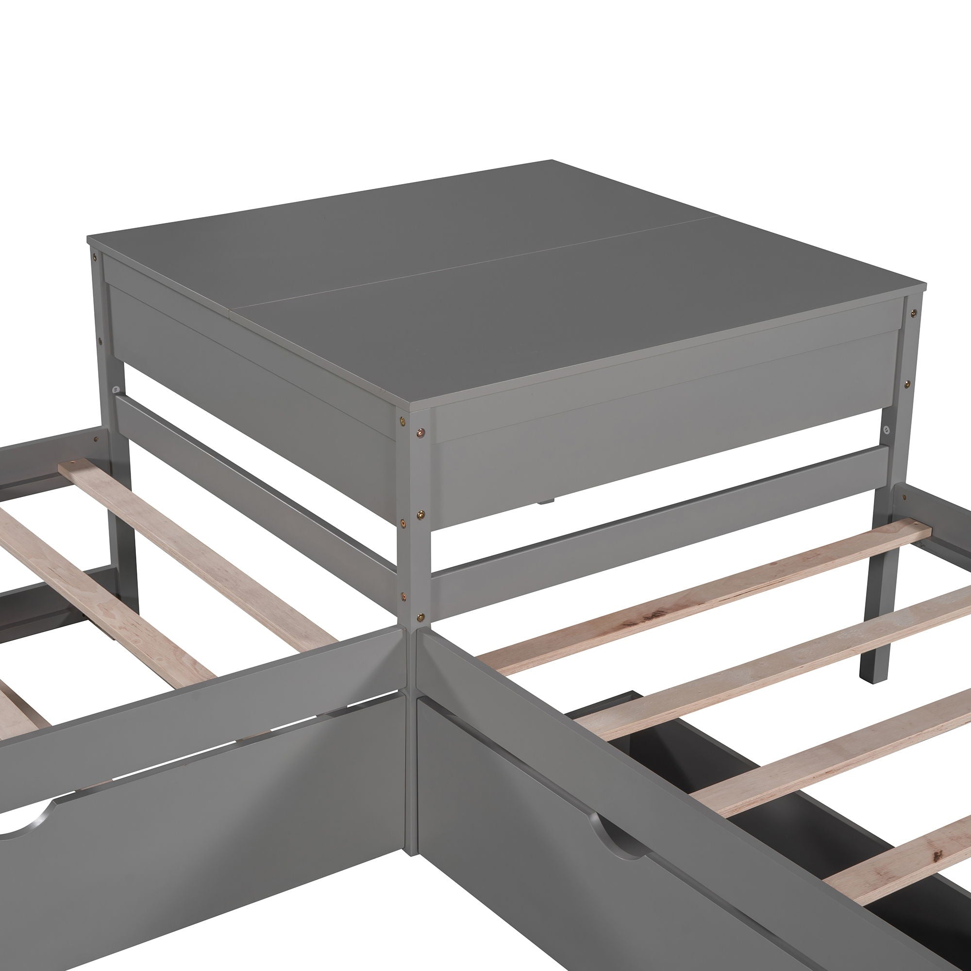 L Shaped Platform Bed With Trundle And Drawers Linked With Built In Desk